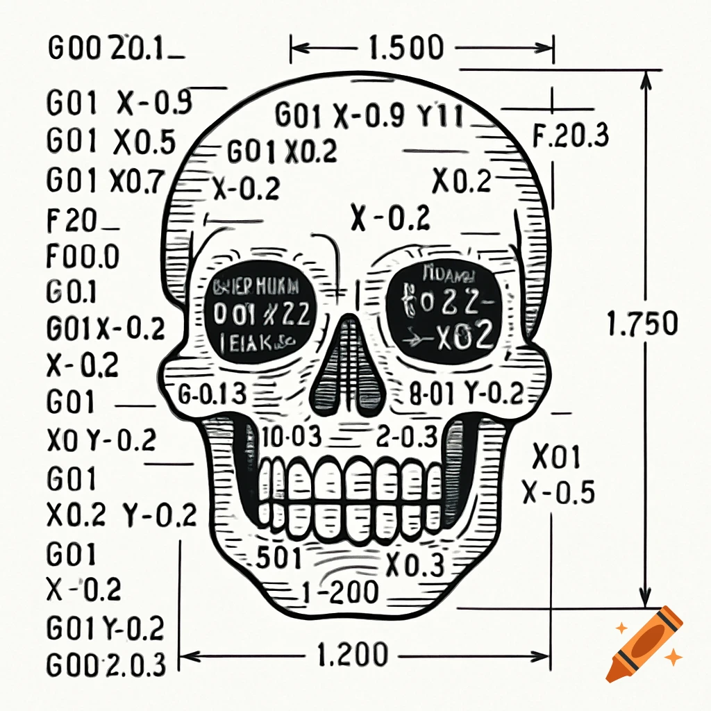 A stylized black and white skull drawing with technical dimensions and abstract CNC code commands surrounding and within it, resembling a CAD drawing.
