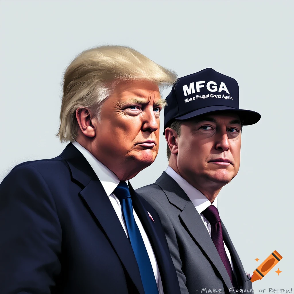 Donald Trump and Elon Musk stand side-by-side; Musk wears a dark baseball cap with 'MFGA Make Frugal Great Again' printed on it.