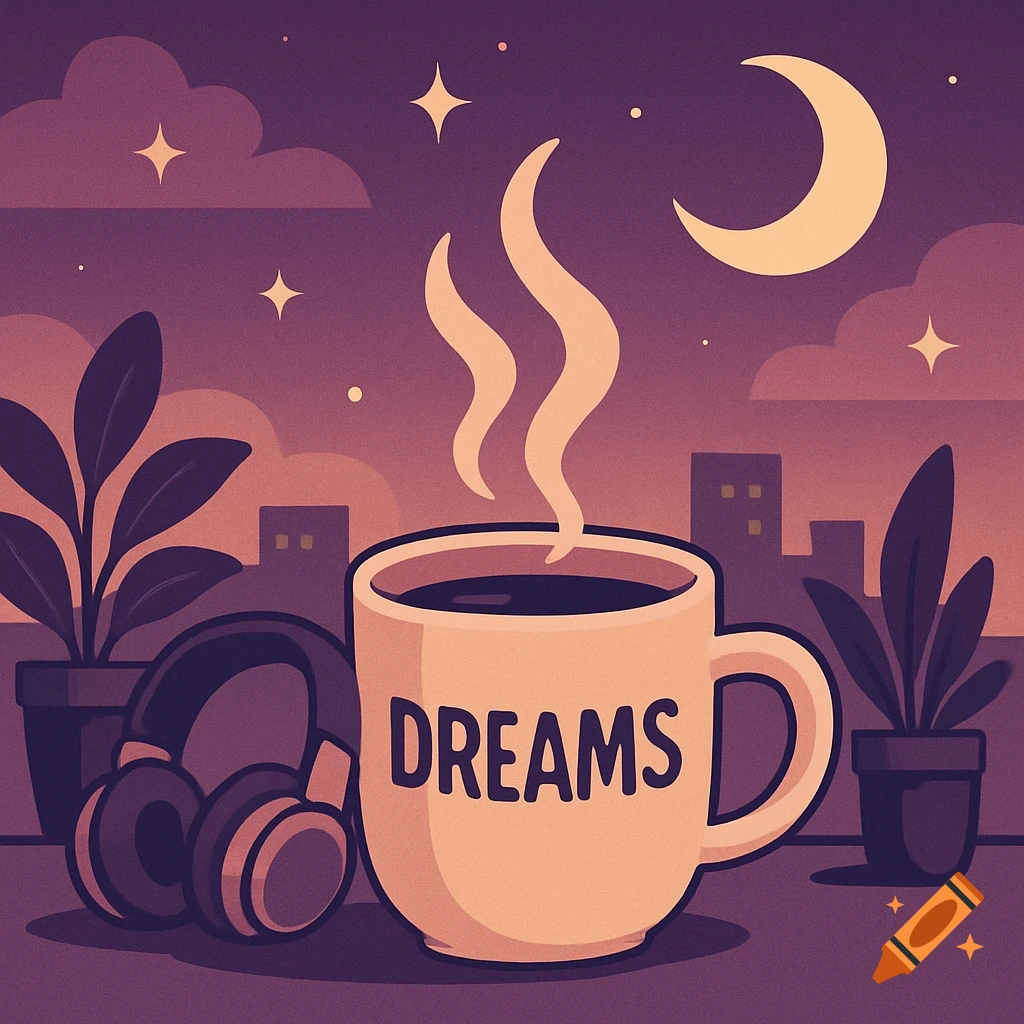 A lofi illustration of a steaming coffee cup labeled 'DREAMS' next to headphones and potted plants, set against a night cityscape with a moon and stars.