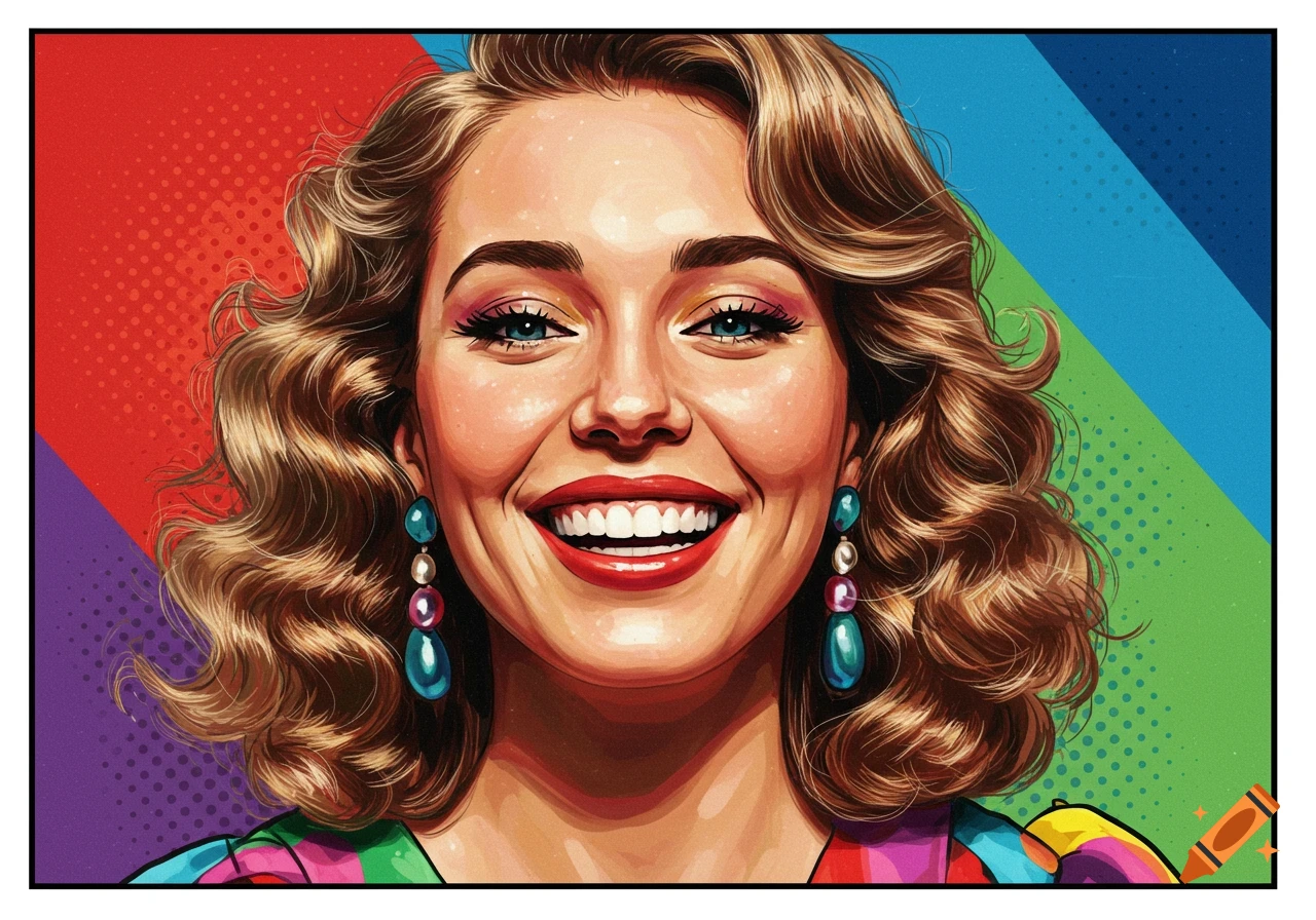Close-up pop art portrait of a smiling woman with wavy brown hair and colorful earrings against a vibrant, multi-colored background.