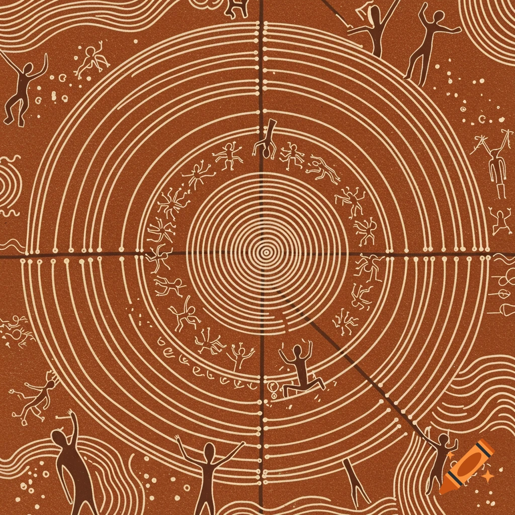 An abstract, earthy brown image in Aboriginal art style featuring concentric circles, wavy lines representing water, and stylized human figures with raised arms, depicting a journey's end at a waterhole.