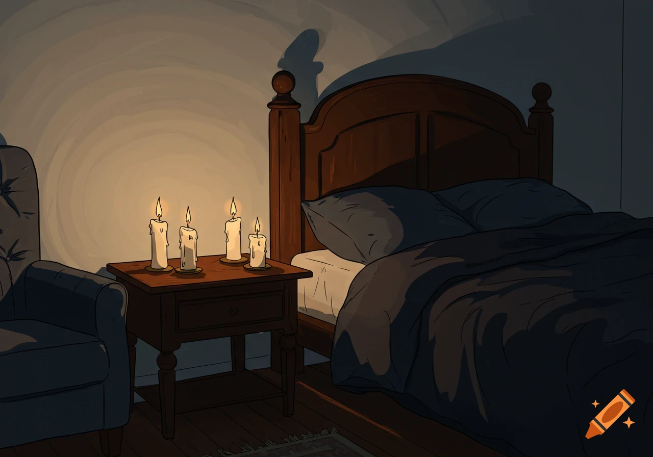 A dimly lit bedroom scene with four lit candles on a nightstand beside a bed and an armchair, in an illustrative style.