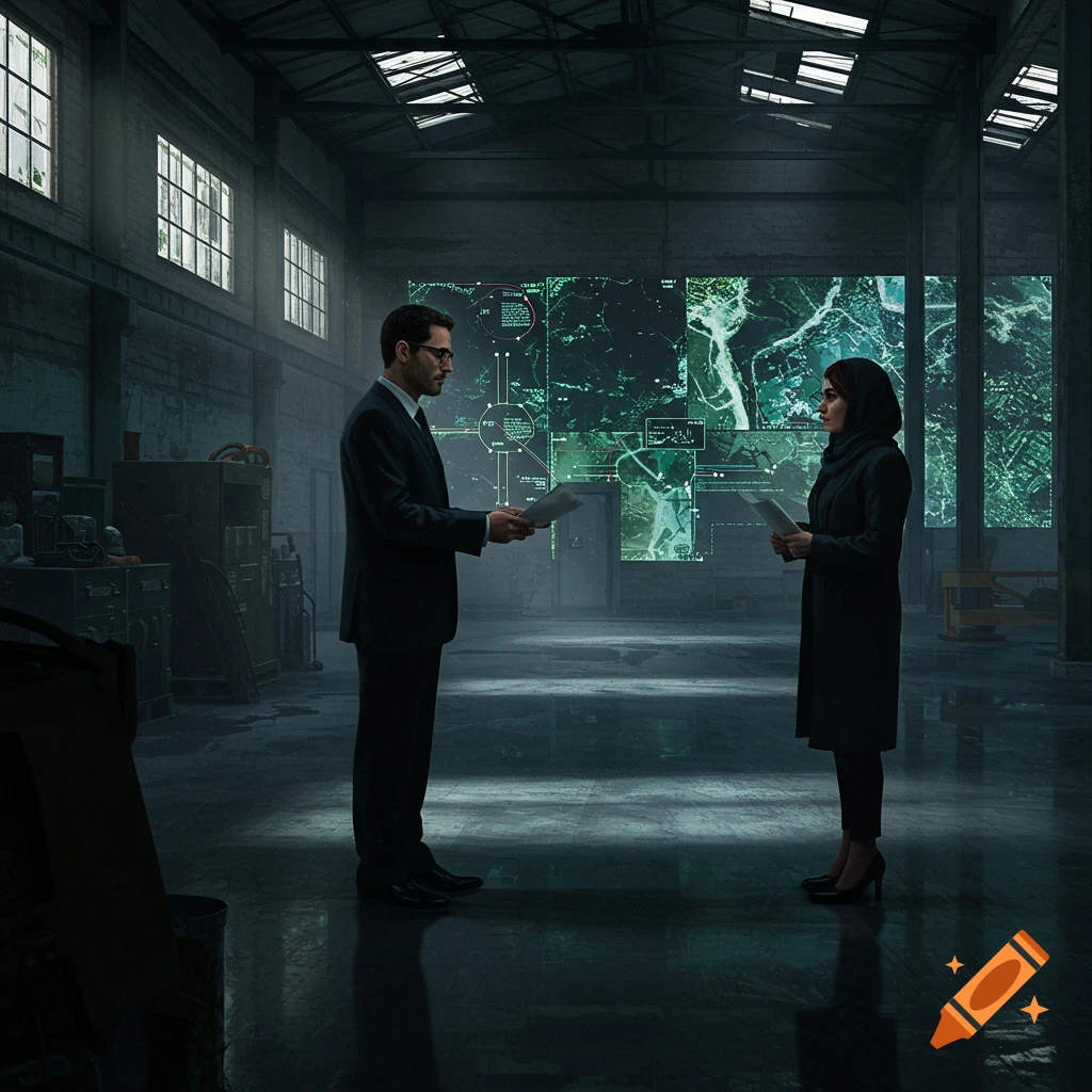 A man and a woman in formal wear exchange documents in a dark, industrial warehouse, with large screens displaying satellite maps and data behind them.