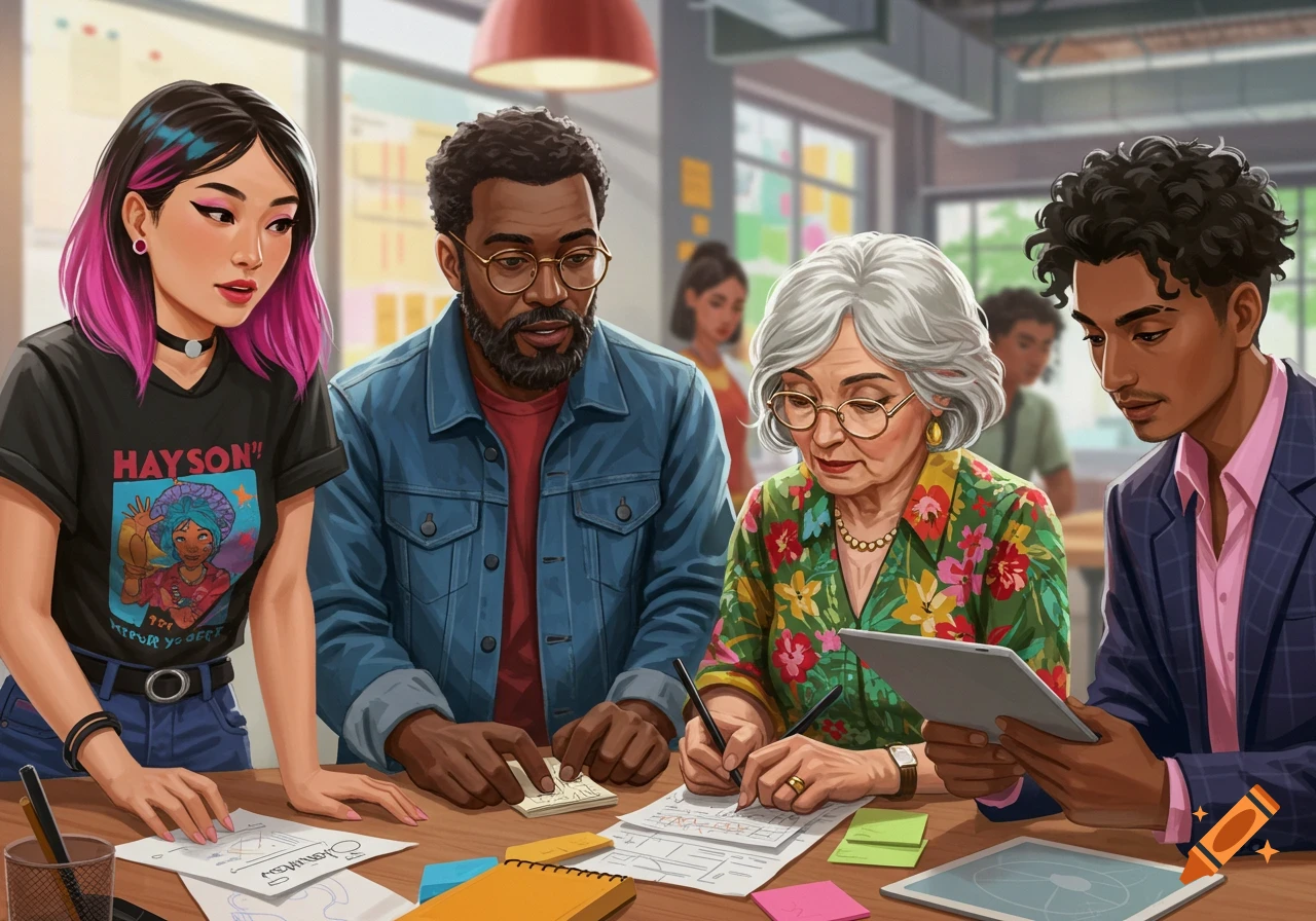 An illustration of a diverse group of four people collaborating around a table in a modern office.