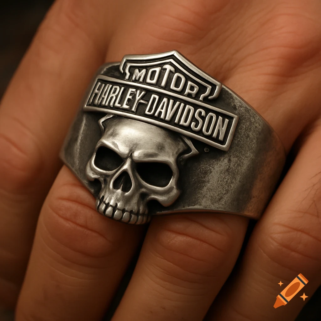 Close-up of a person wearing a silver biker ring featuring a skull and the Harley-Davidson logo.