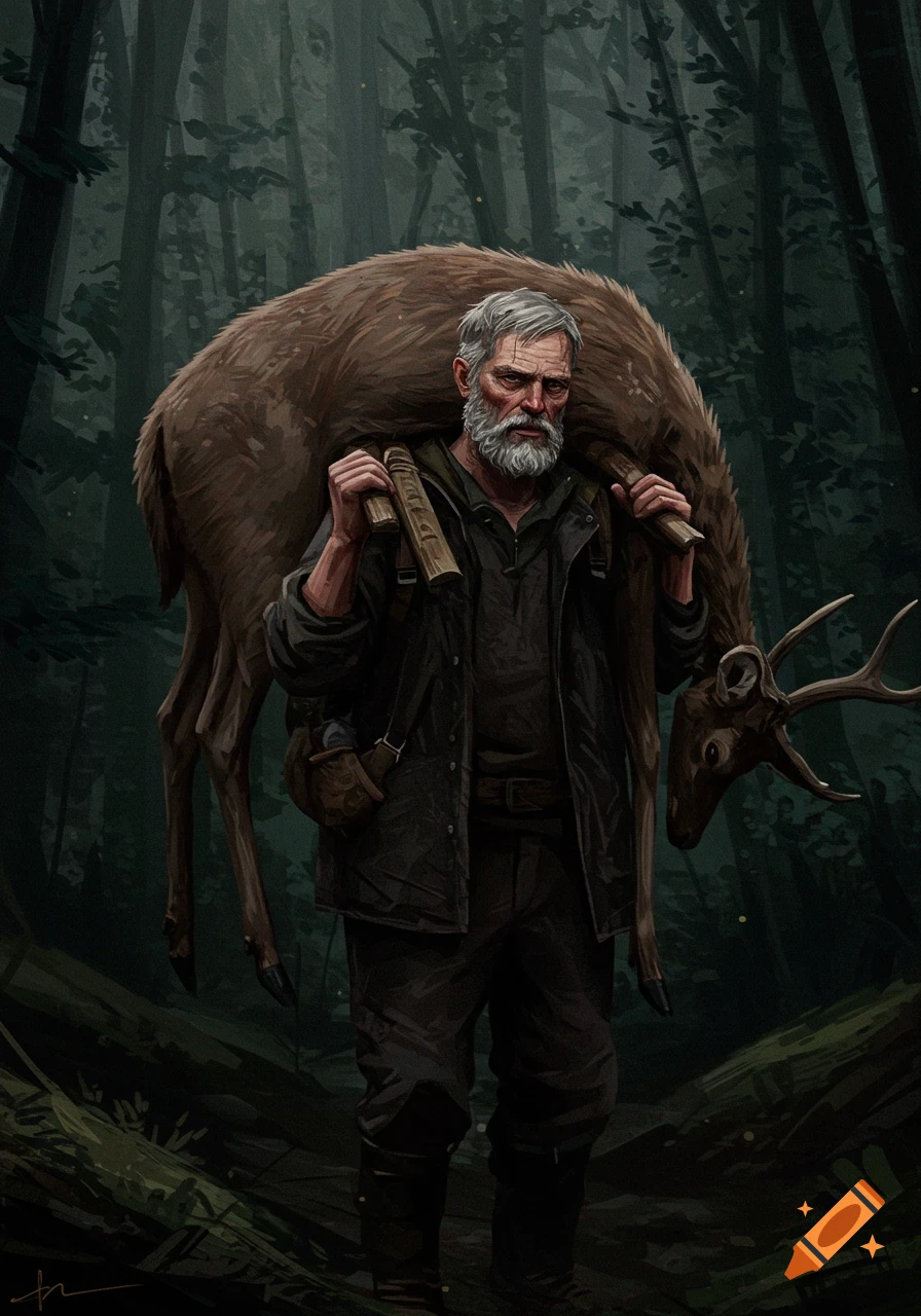 An illustration of a bearded man with a grim expression carrying a large deer over his shoulders through a dark, mystical forest.
