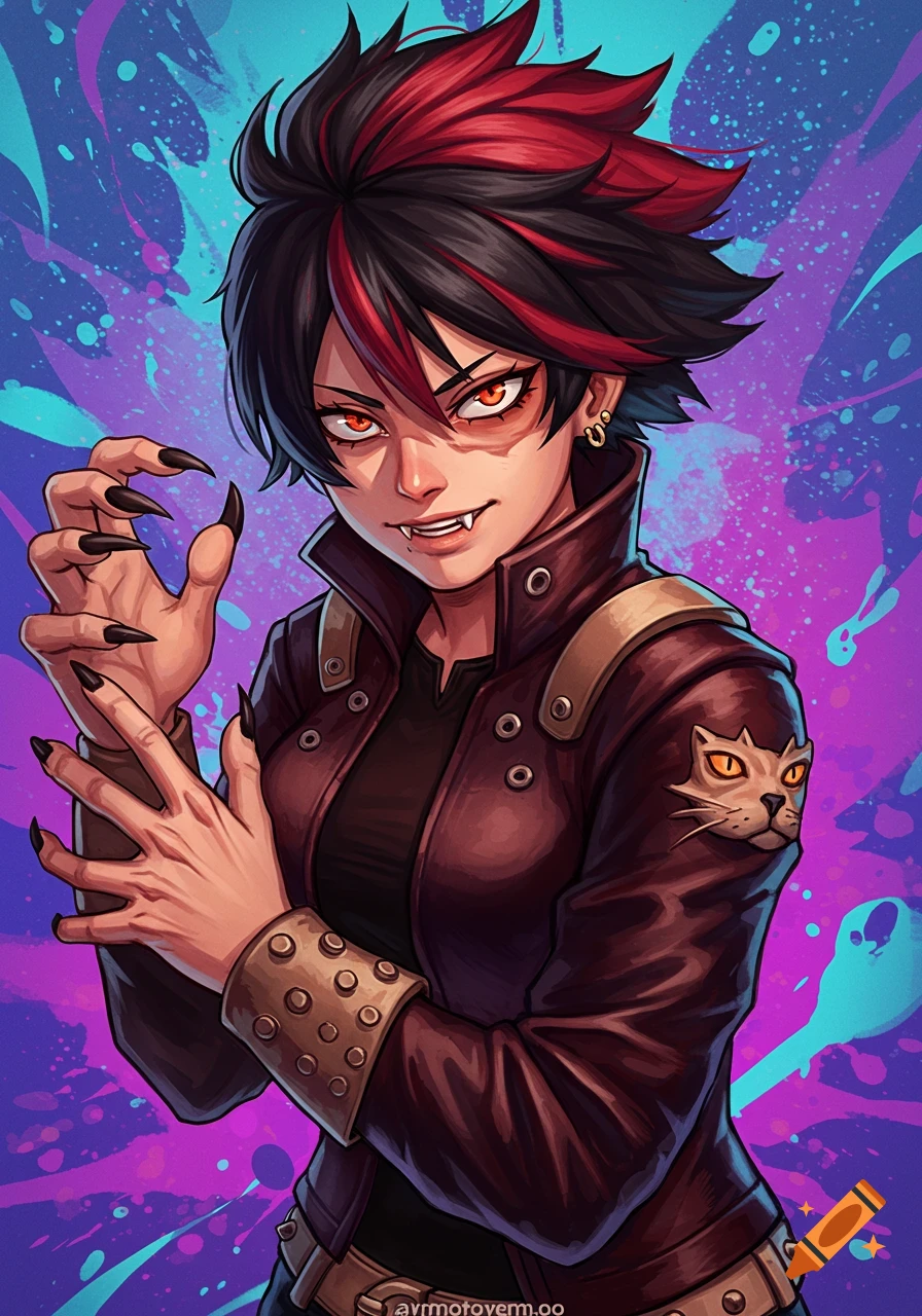 An anime-style character with black and red hair, fangs, and claws, wearing a leather jacket with a cat patch. Vibrant splatter background.
