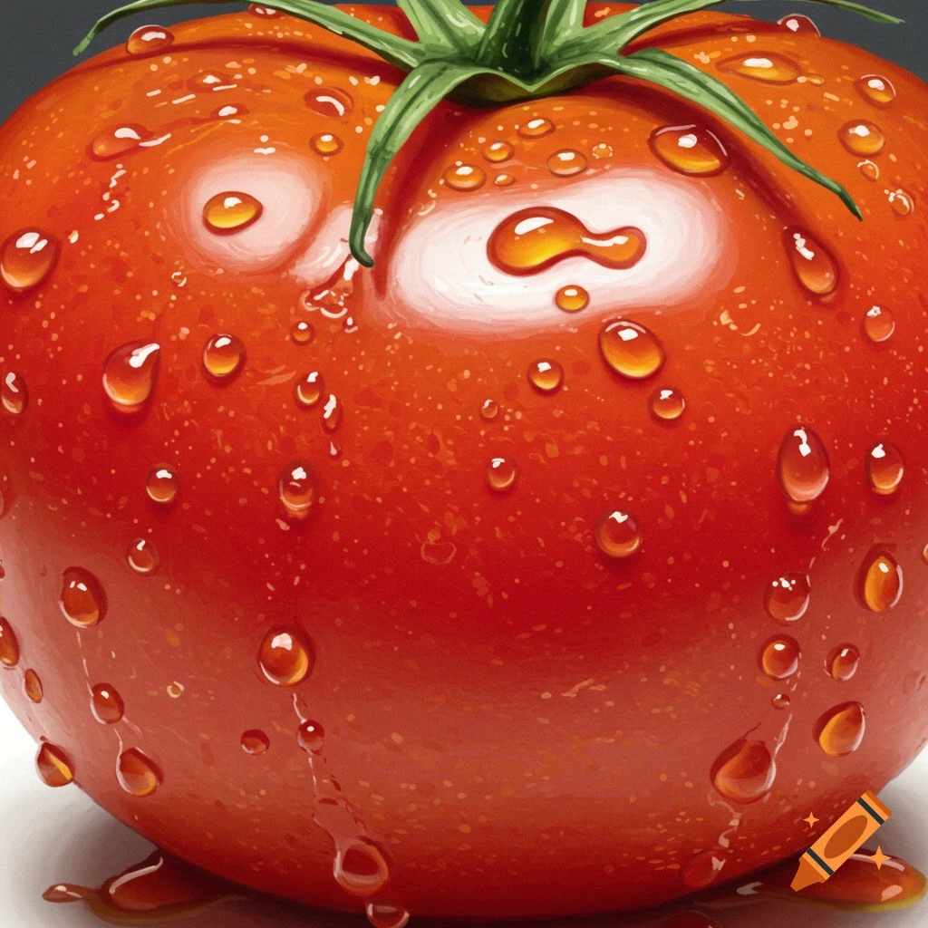 A vibrant red tomato covered in glistening water droplets, with a green stem visible at the top, shown in a detailed close-up.