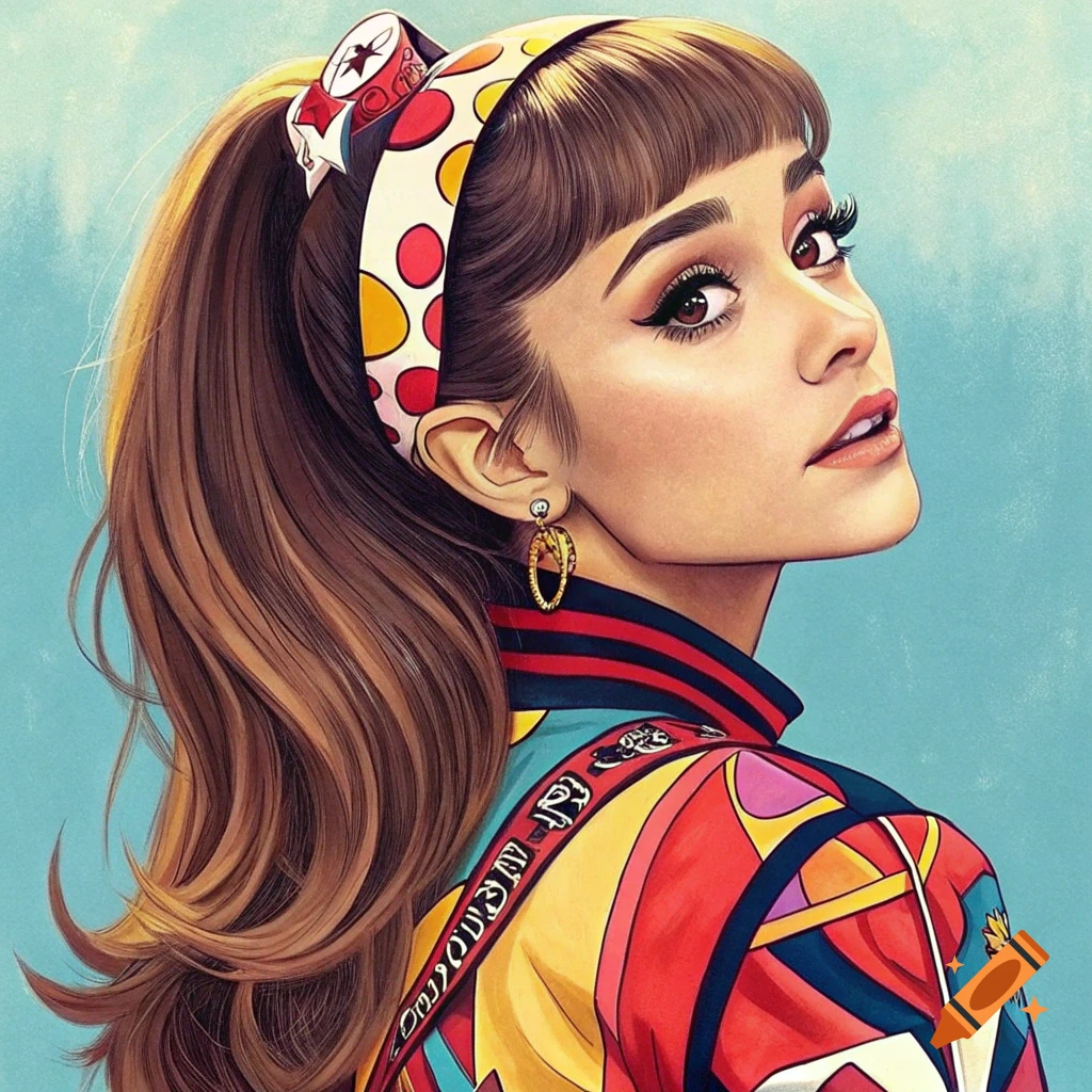 Stylized illustration of a woman with a ponytail, patterned headband, and vibrant jacket, looking over her shoulder.