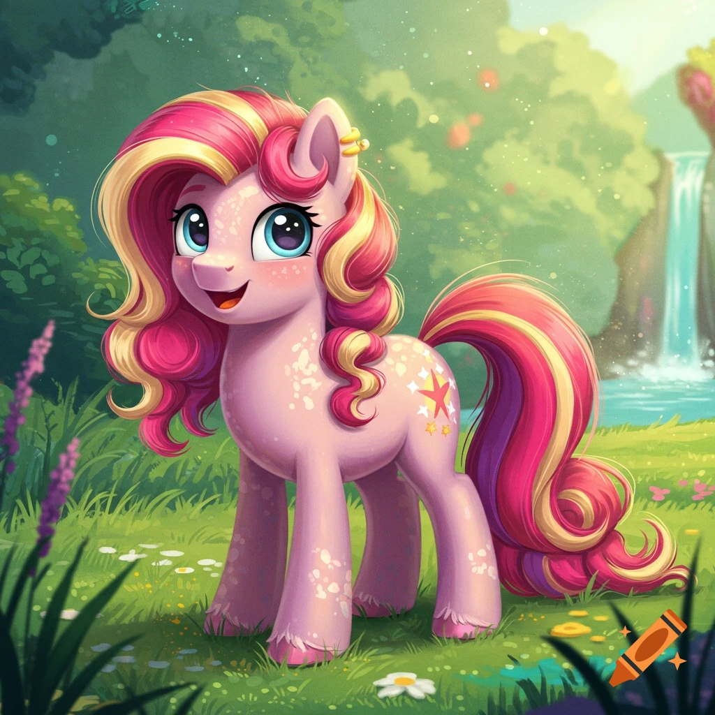 A cute pink and yellow My Little Pony character with large eyes stands in a lush green forest with a waterfall.