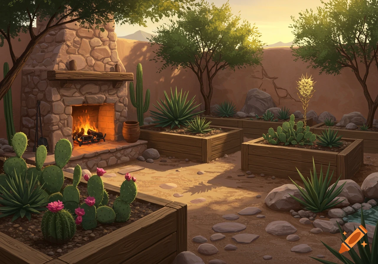A vibrant southwest courtyard with a stone fireplace, cactus, agave plants in raised wooden beds, and trees under a sunset sky.