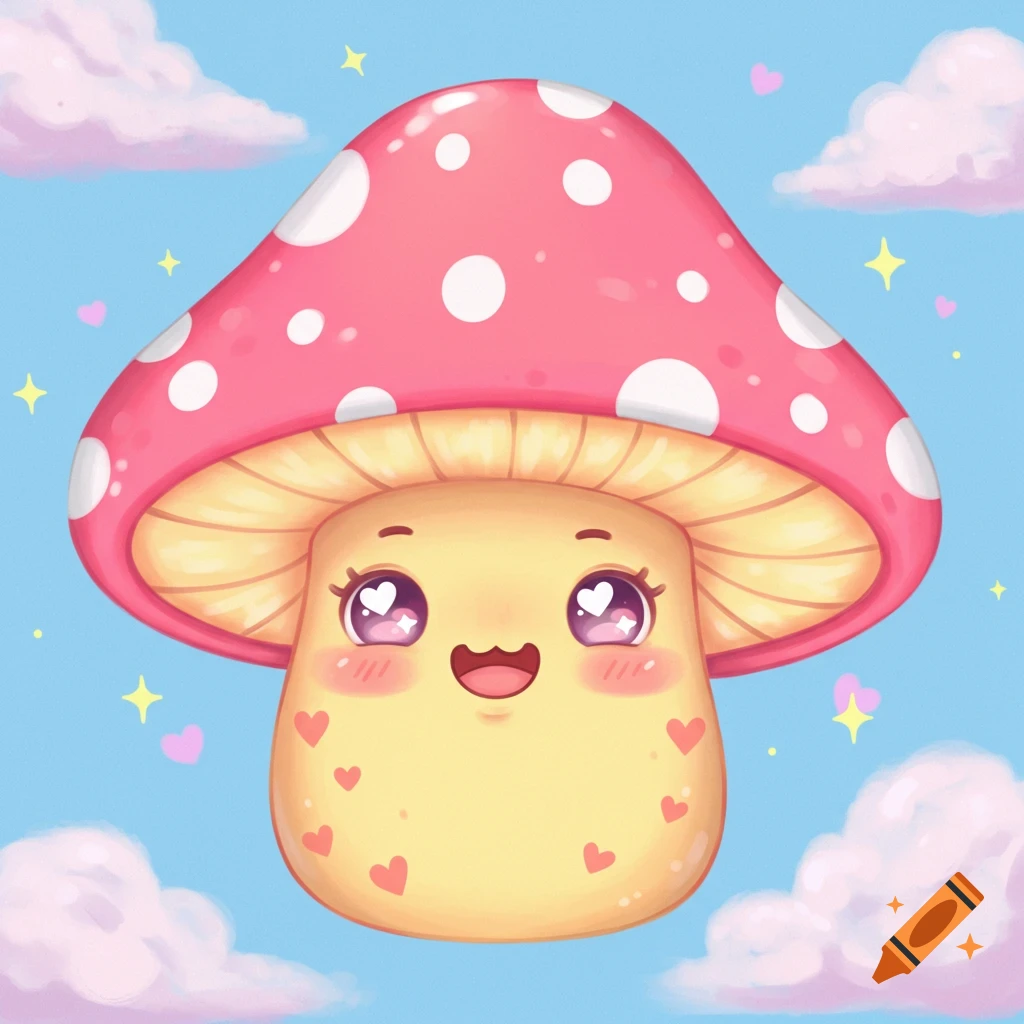 A cute, happy mushroom with a pink polka-dotted cap and heart-shaped eyes, floating among clouds and stars in a blue sky.