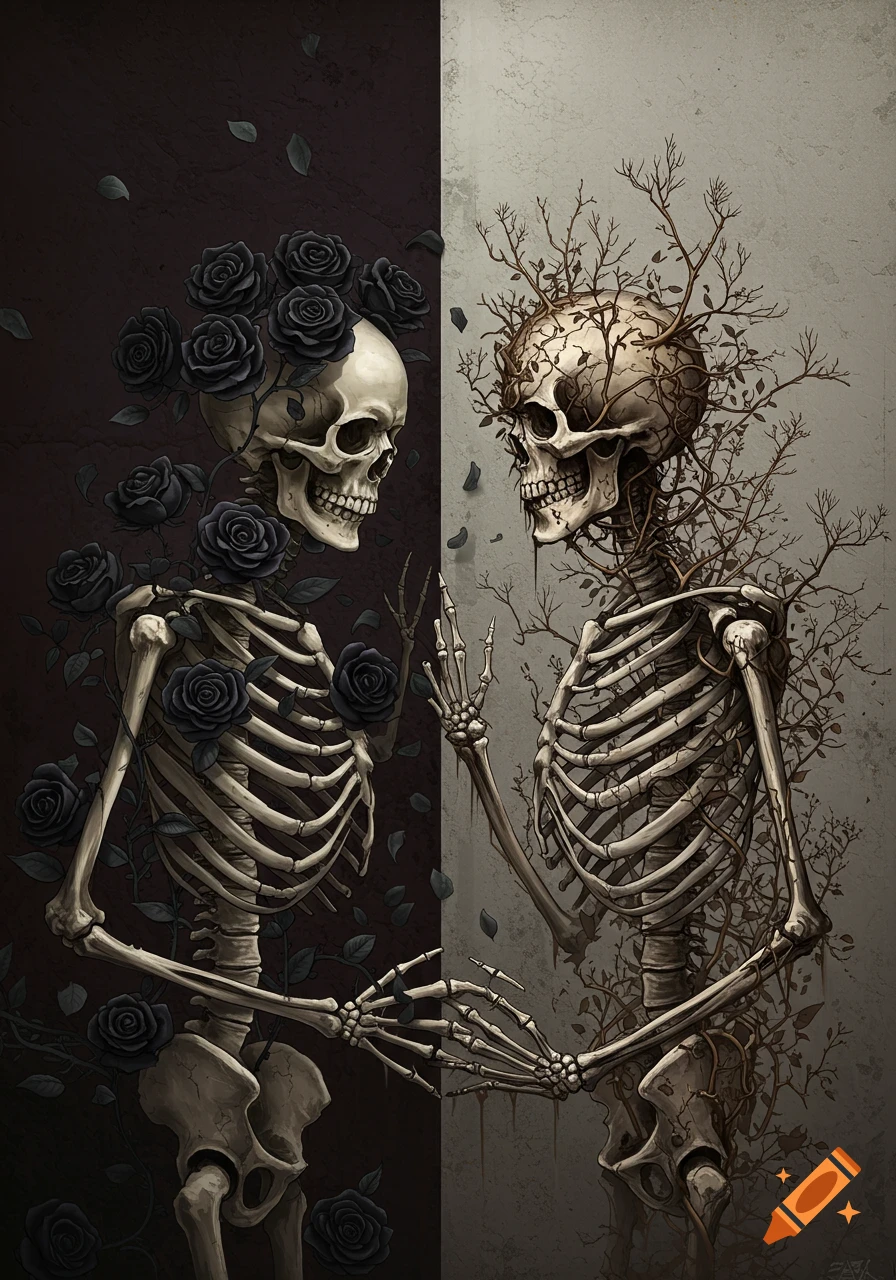 Two stylized skeletons, one with black roses, the other with dead branches, divided by a vertical line.