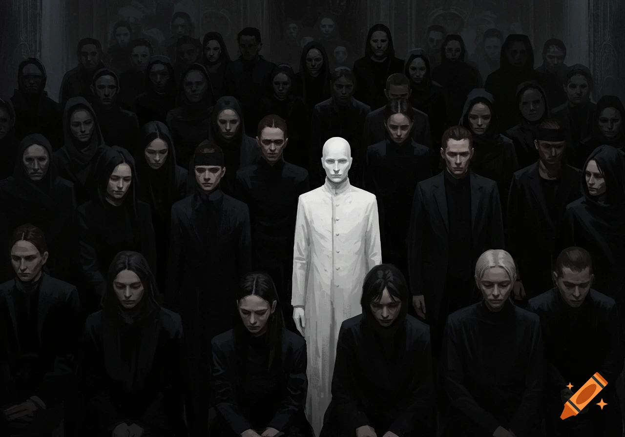 A somber painting depicts a crowd of figures dressed in black, standing together, with one person in the foreground wearing all white.