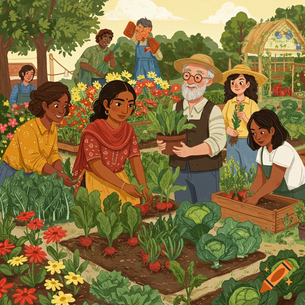 Diverse people harvest vegetables and tend to plants in a vibrant, lush community garden, illustrated style.