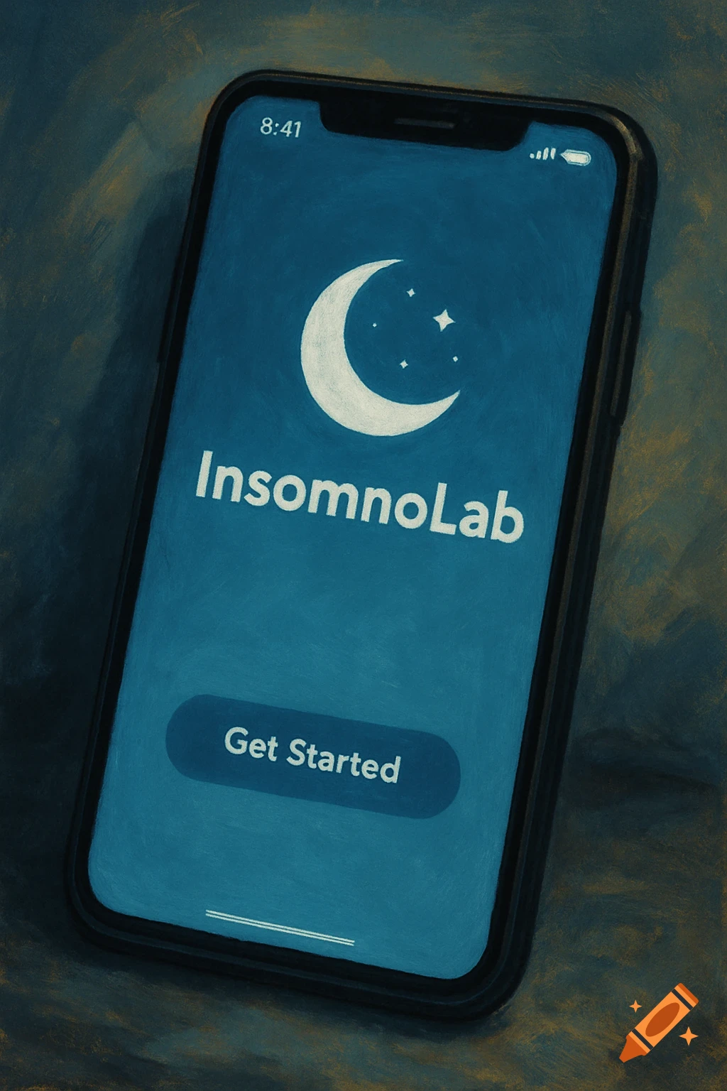 A close-up, painterly illustration of a smartphone displaying the "InsomnoLab" app screen with a moon and stars logo and "Get Started" button.