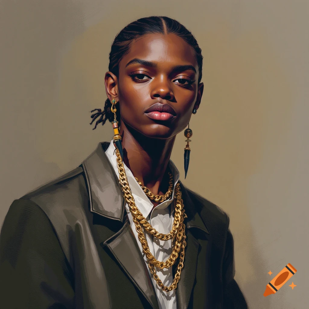 A photorealistic portrait of a person with dark skin, braided hair, wearing a white shirt, dark blazer, and multiple gold chains and dangling earrings.