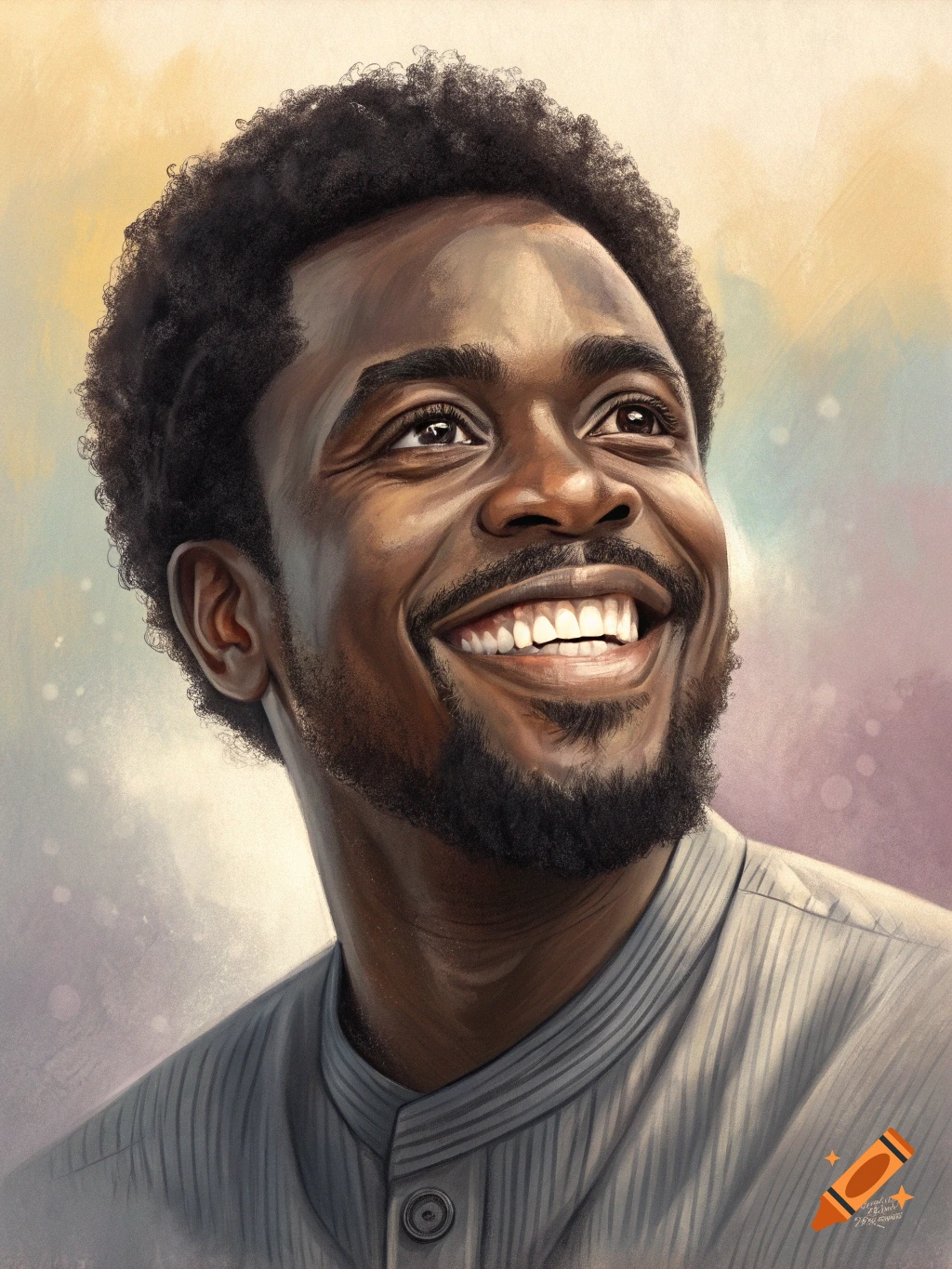 Digital painting of a smiling Black man with curly hair and a beard, looking upwards.