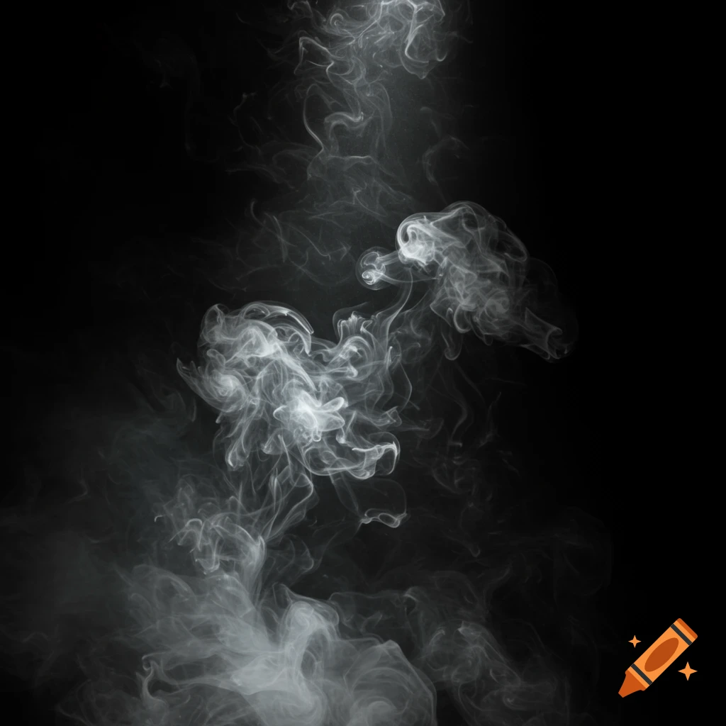 Swirling white smoke against a dark black background.