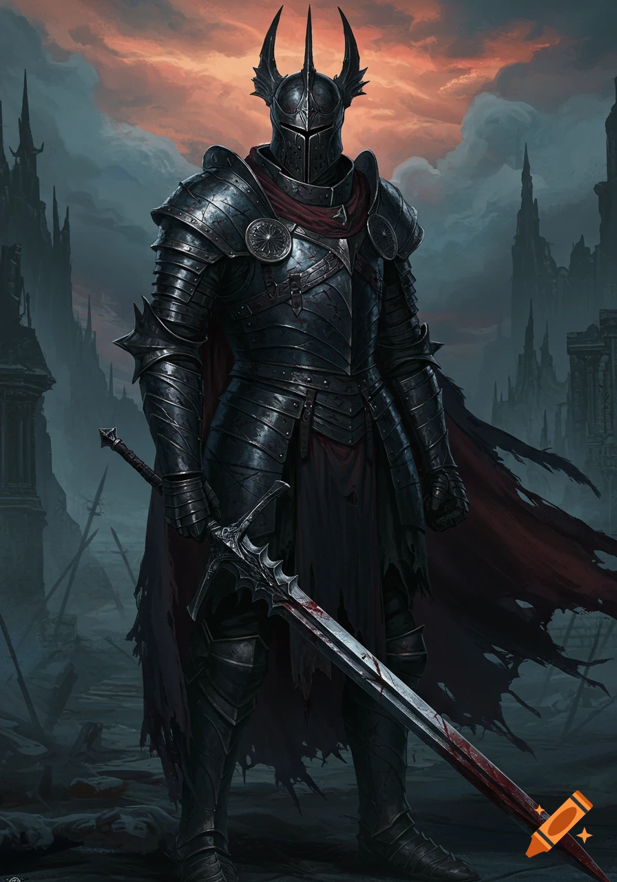 A dark knight in elaborate, menacing black armor with a horned helmet stands in a desolate, ruined land, holding a blood-stained sword under a stormy sky.