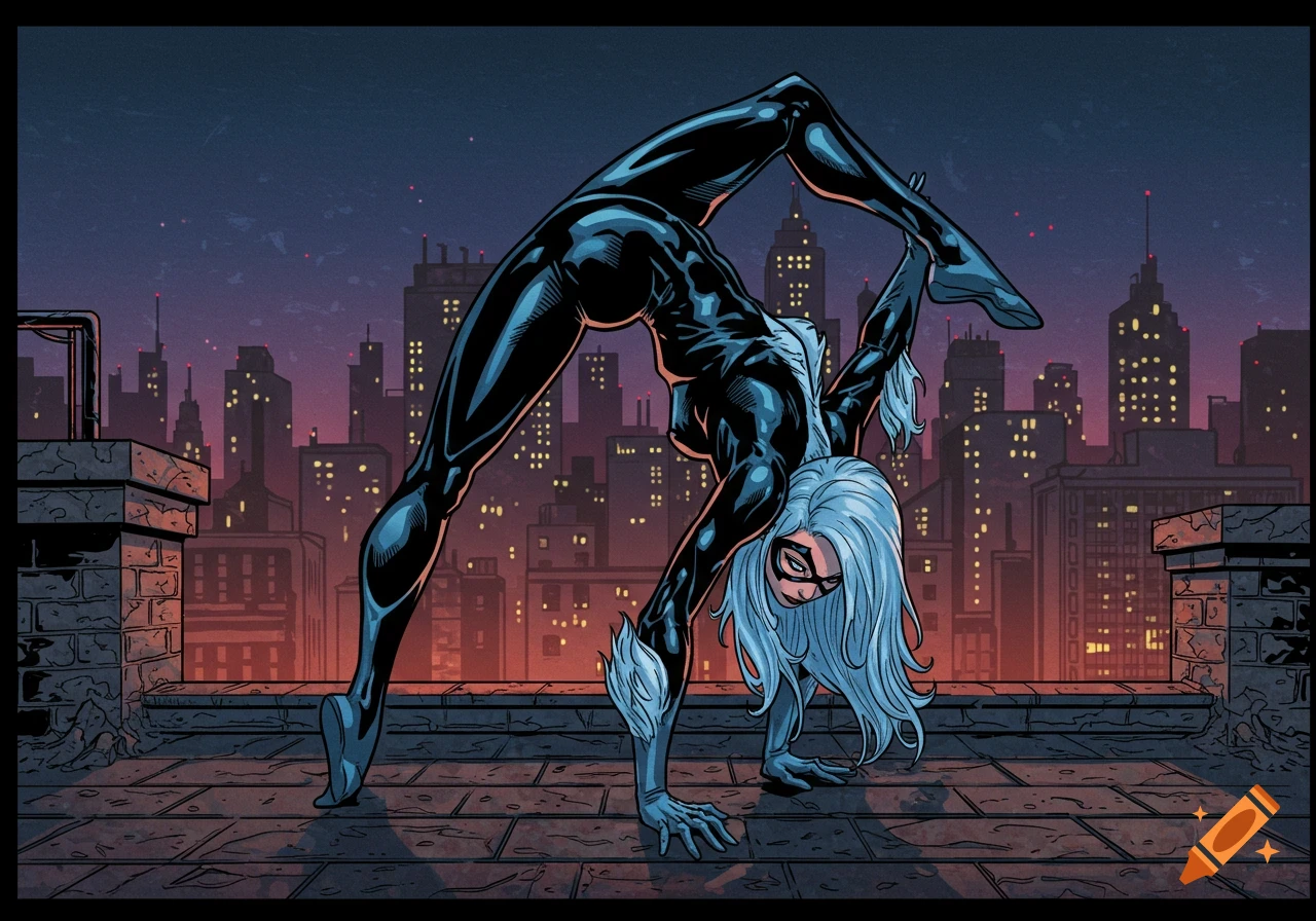 Black Cat from Spider-Man in a black suit doing a backbend on a city rooftop at dusk, comic book art style.