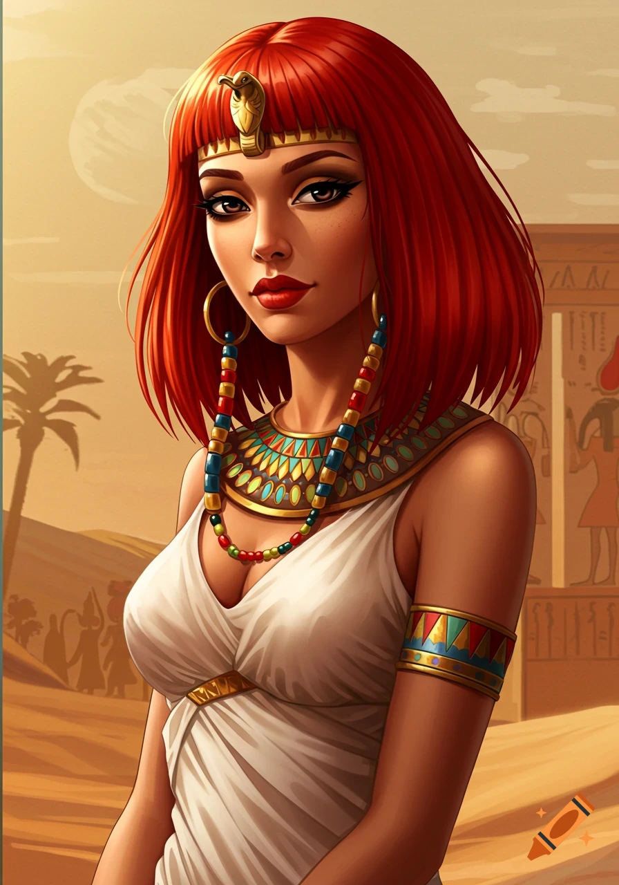 Illustrated portrait of an Egyptian woman with red hair, warm skin, and beaded jewelry, set against a desert and ancient architecture.
