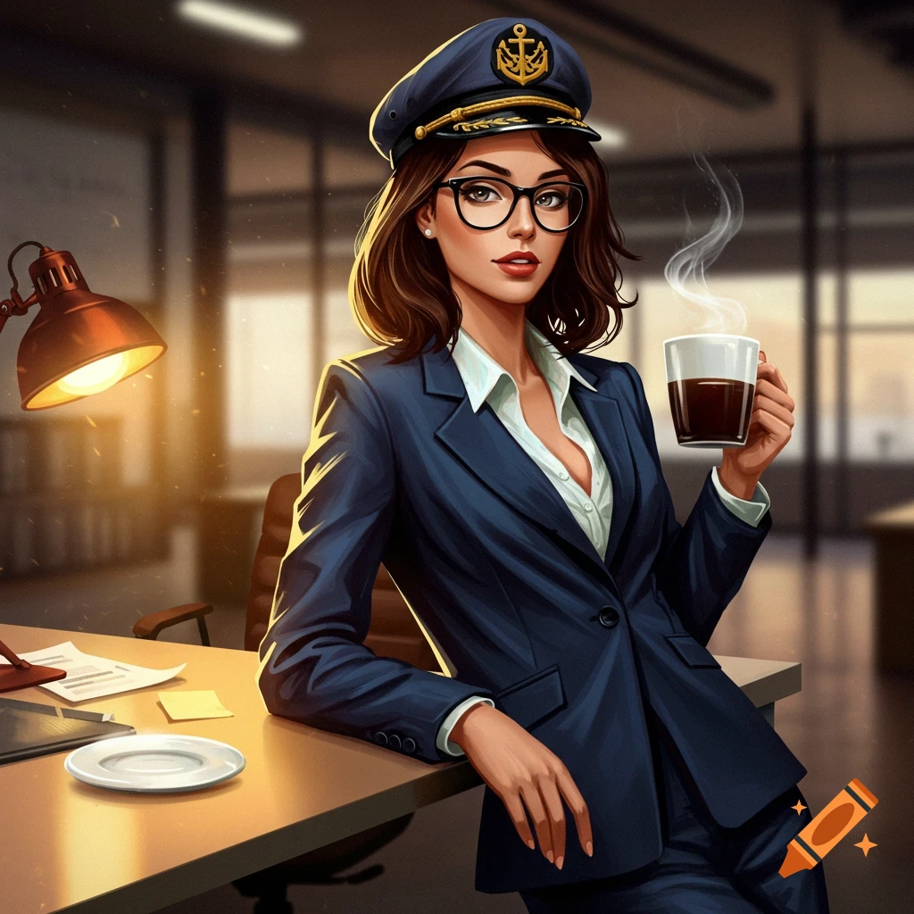 A stylized illustration of a woman in a captain's hat, glasses, and a business suit leaning on an office desk, holding a steaming cup of coffee.