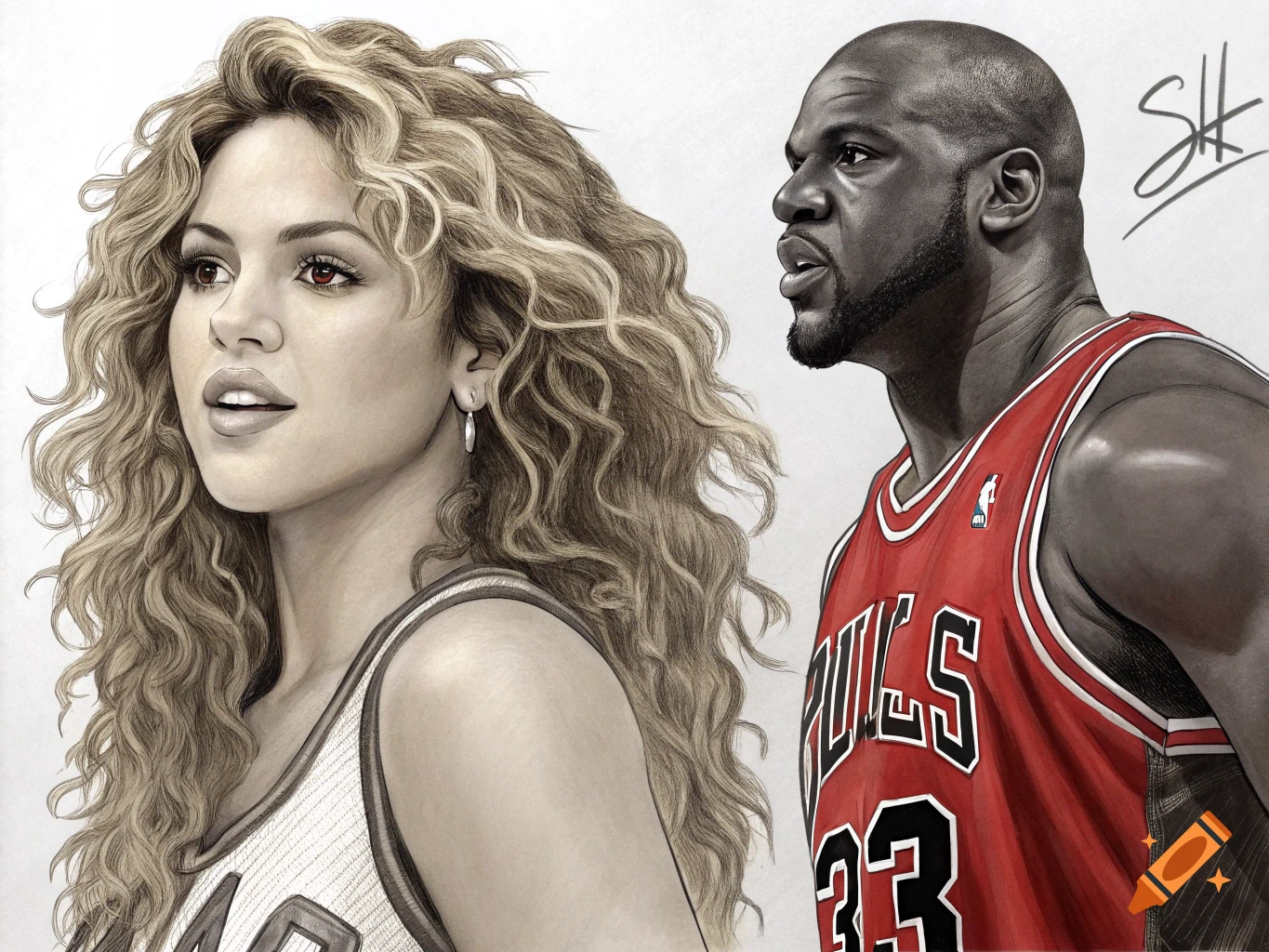 An illustration of Shakira with curly hair next to Michael Jordan in a Chicago Bulls jersey.
