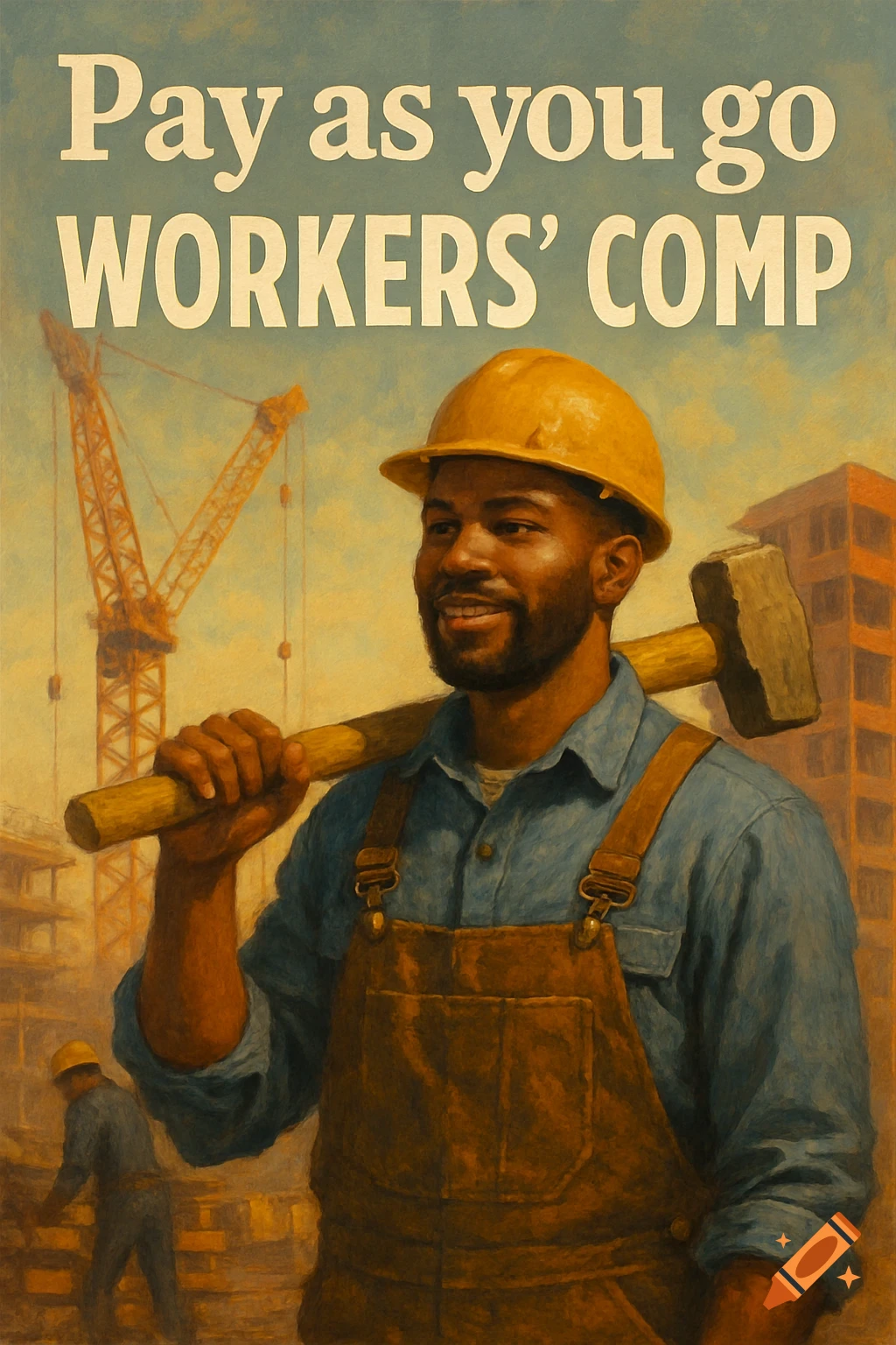 Smiling Black construction worker in hard hat and overalls holds sledgehammer at a construction site. Vintage poster art with text 'Pay as you go WORKERS' COMP'.