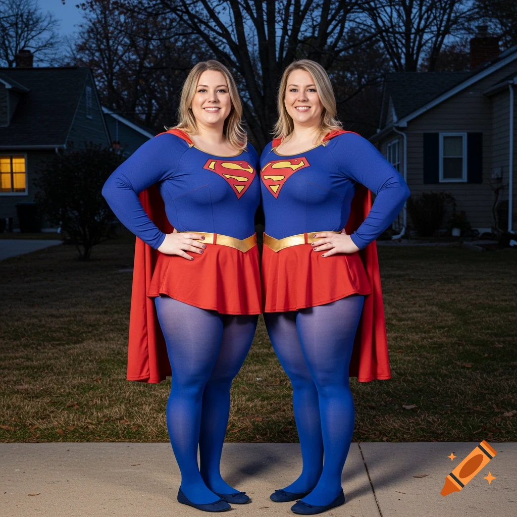 Two women in Supergirl costumes with red capes, blue tops, red skirts, and blue tights stand outside houses at dusk.
