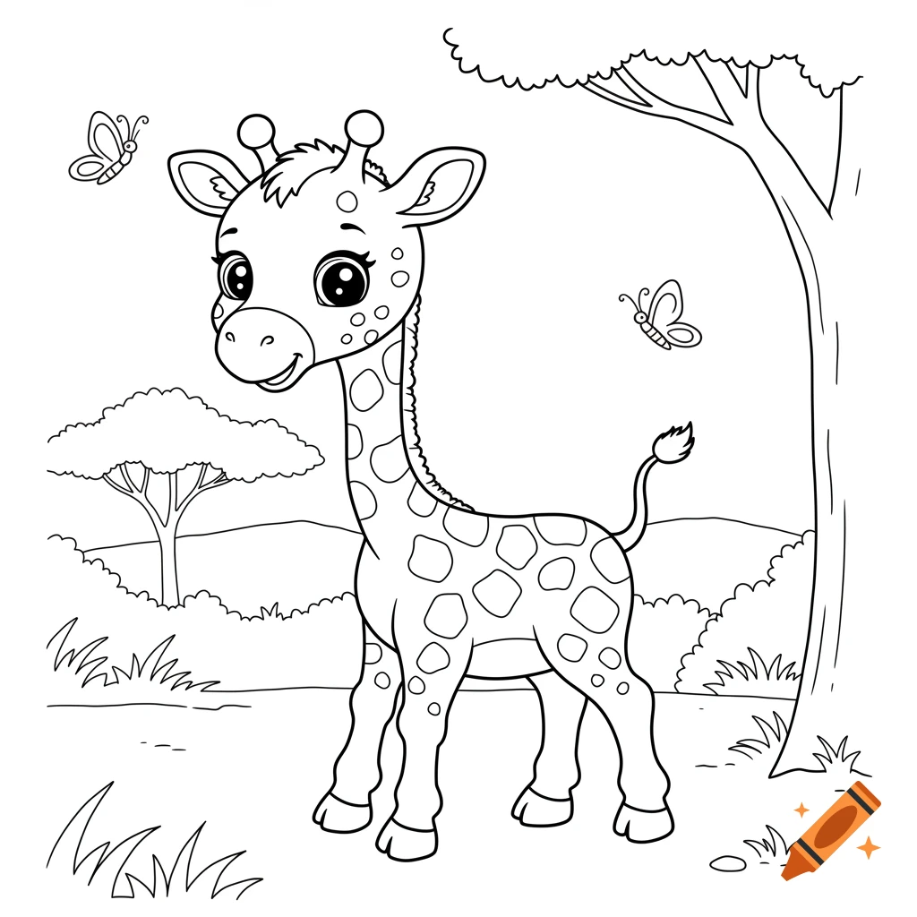 A cute baby giraffe coloring page in a savanna setting with butterflies and trees.