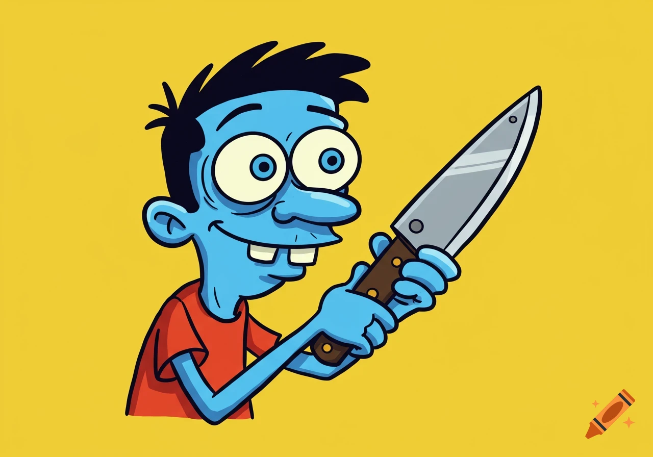 A blue-skinned cartoon character with buck teeth and wide eyes holds a large kitchen knife, on a yellow background.
