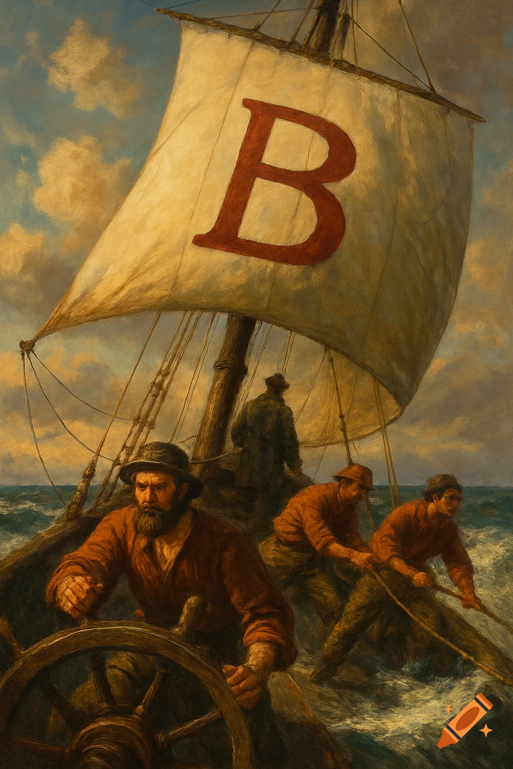 A painting of bearded men sailing a ship with a large red letter B on its main sail through choppy seas under a cloudy sky.