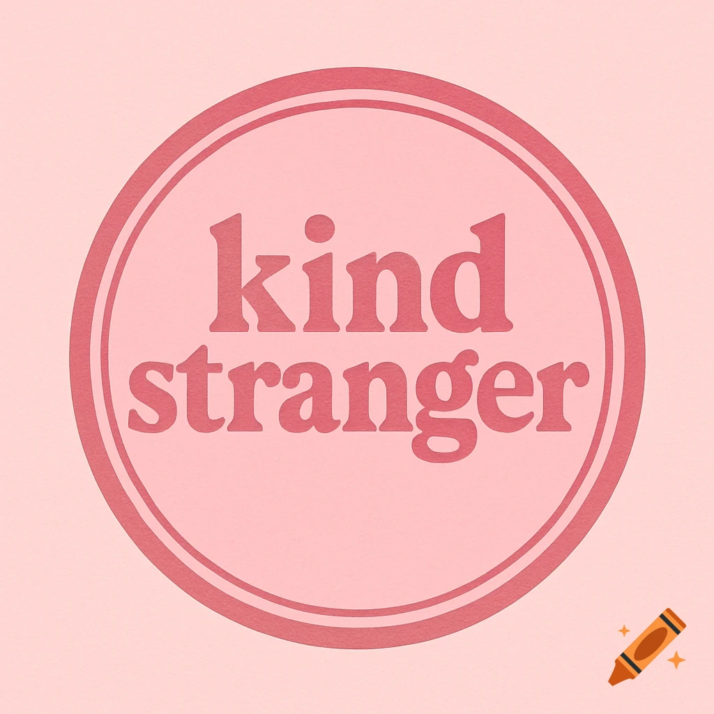A round pink logo with the words 'kind stranger' in a darker red color, on a lighter pink background.