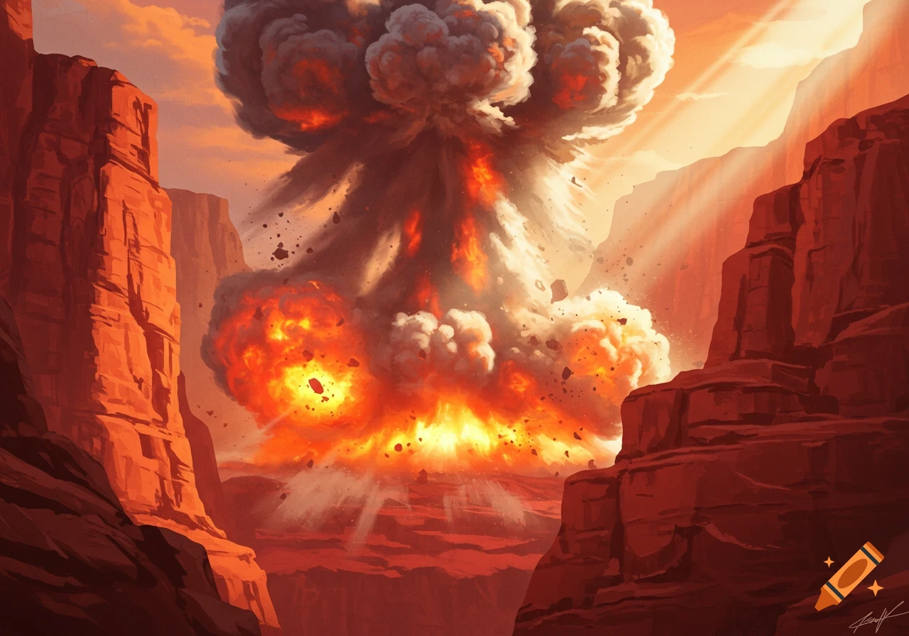 A dramatic illustration of a massive explosion and mushroom cloud within a red canyon landscape at sunset.
