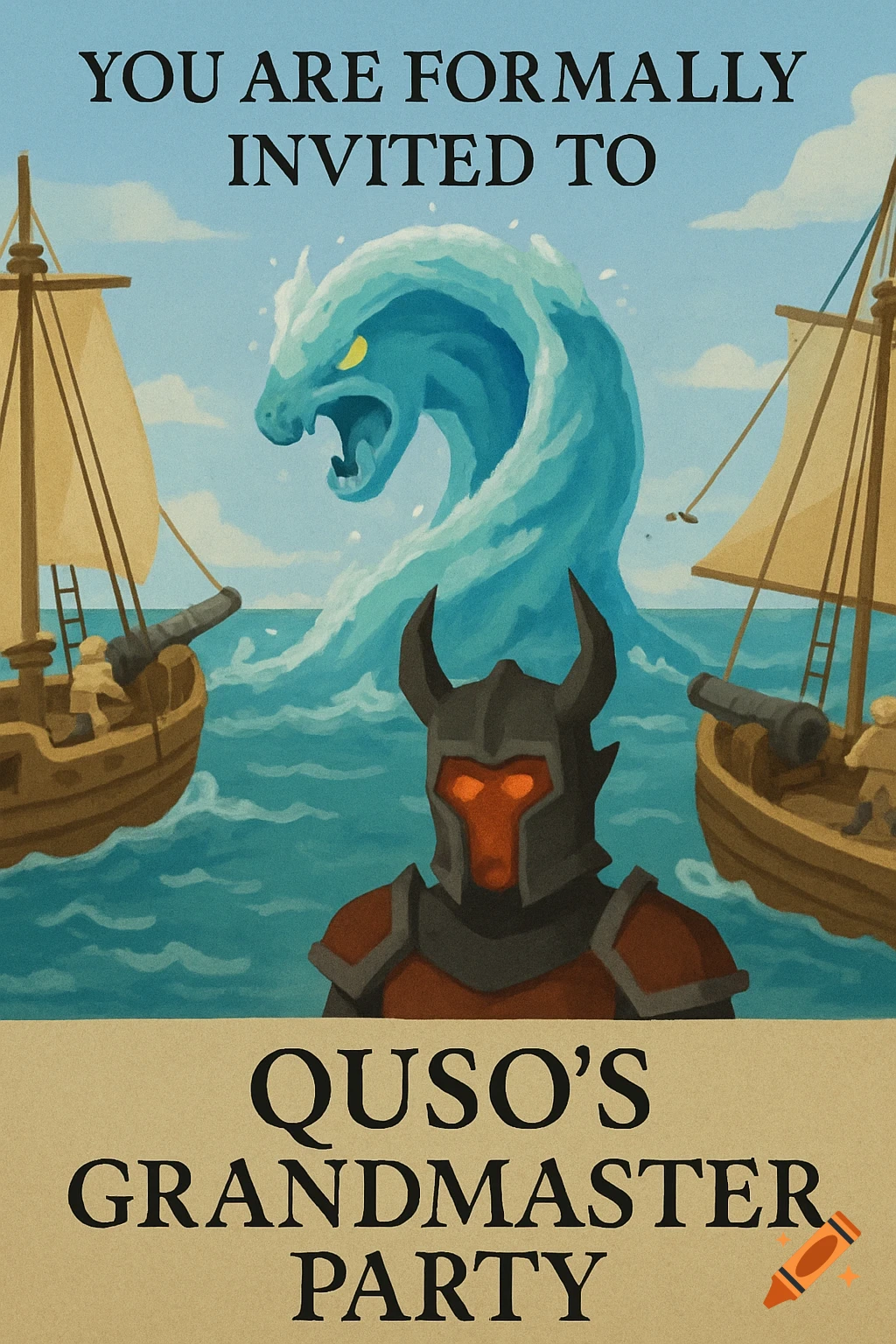 An invitation card featuring a horned warrior, two ships, and a monster wave on the ocean. Text: 'YOU ARE FORMALLY INVITED TO QUSO S GRANDMASTER PARTY'.