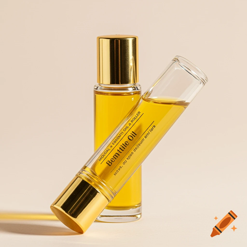 Two glass essential oil rollers with gold caps and yellow liquid on a light background.