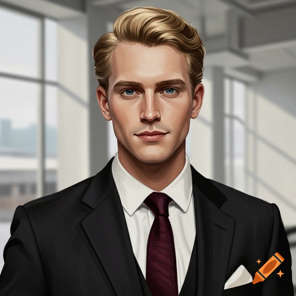A well-groomed man with blonde hair and blue eyes wears a black suit, white shirt, and maroon tie in an office setting.
