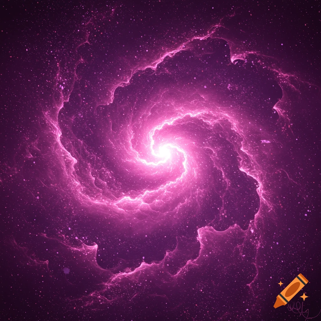 A vibrant purple and pink spiral galaxy with a bright center surrounded by swirling nebulae.