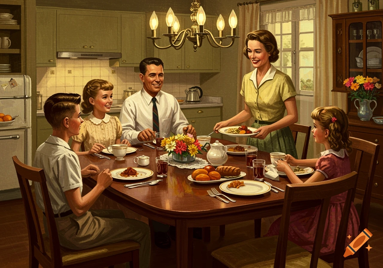 A 1950s family is gathered around a dining table in a kitchen, with the mother serving food in an illustrated retro style.