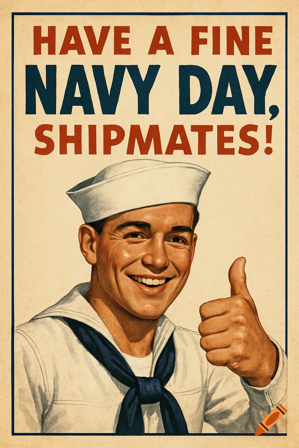 Vintage 1940s style poster of a smiling US sailor in white uniform and hat giving a thumbs up, with text "Have a Fine Navy Day, Shipmates!"