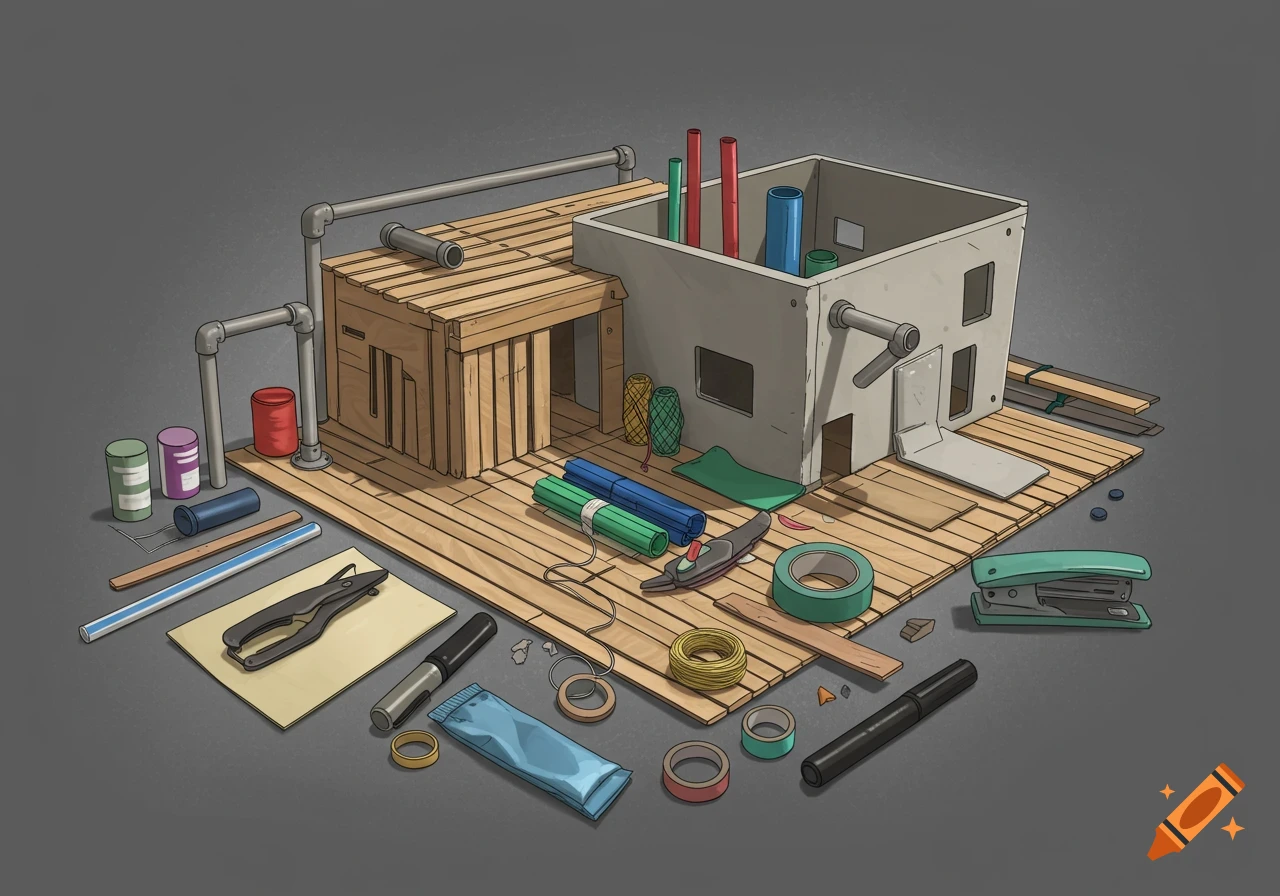 Illustration of a miniature architectural model built from wood, cardboard, pipes, tape, and various craft tools.