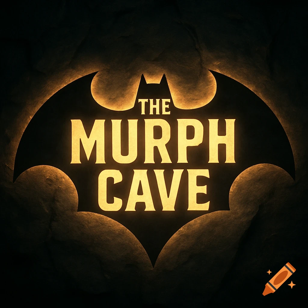A glowing yellow sign in the shape of the Batman logo, with the words 'THE MURPH CAVE' written in it, set against a dark, rocky cave background.