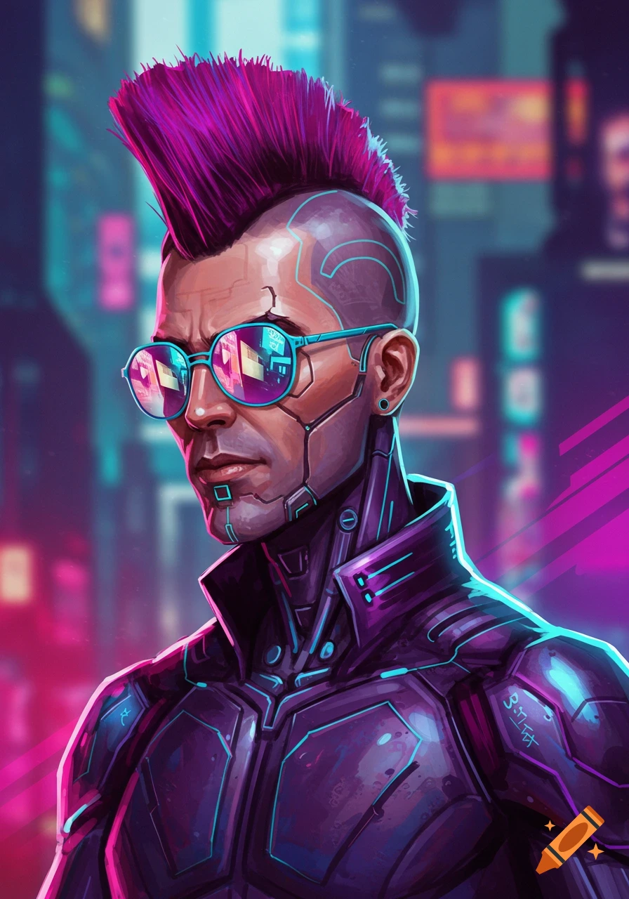A futuristic man with a purple mohawk and blue sunglasses, wearing a dark blue and purple armored bodysuit, against a blurred cyberpunk city background.