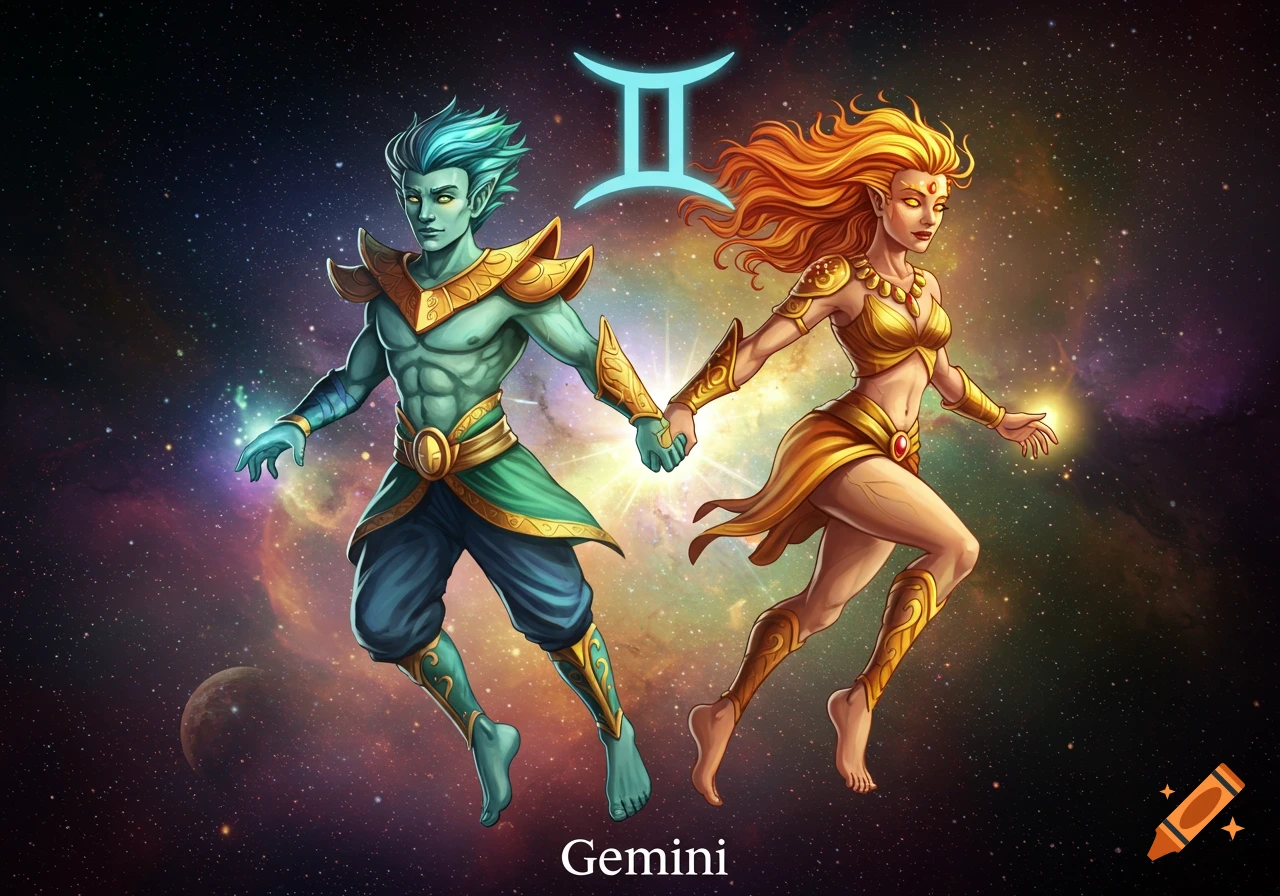 Stylized male and female figures representing Gemini, holding hands in space with the Gemini symbol and text.