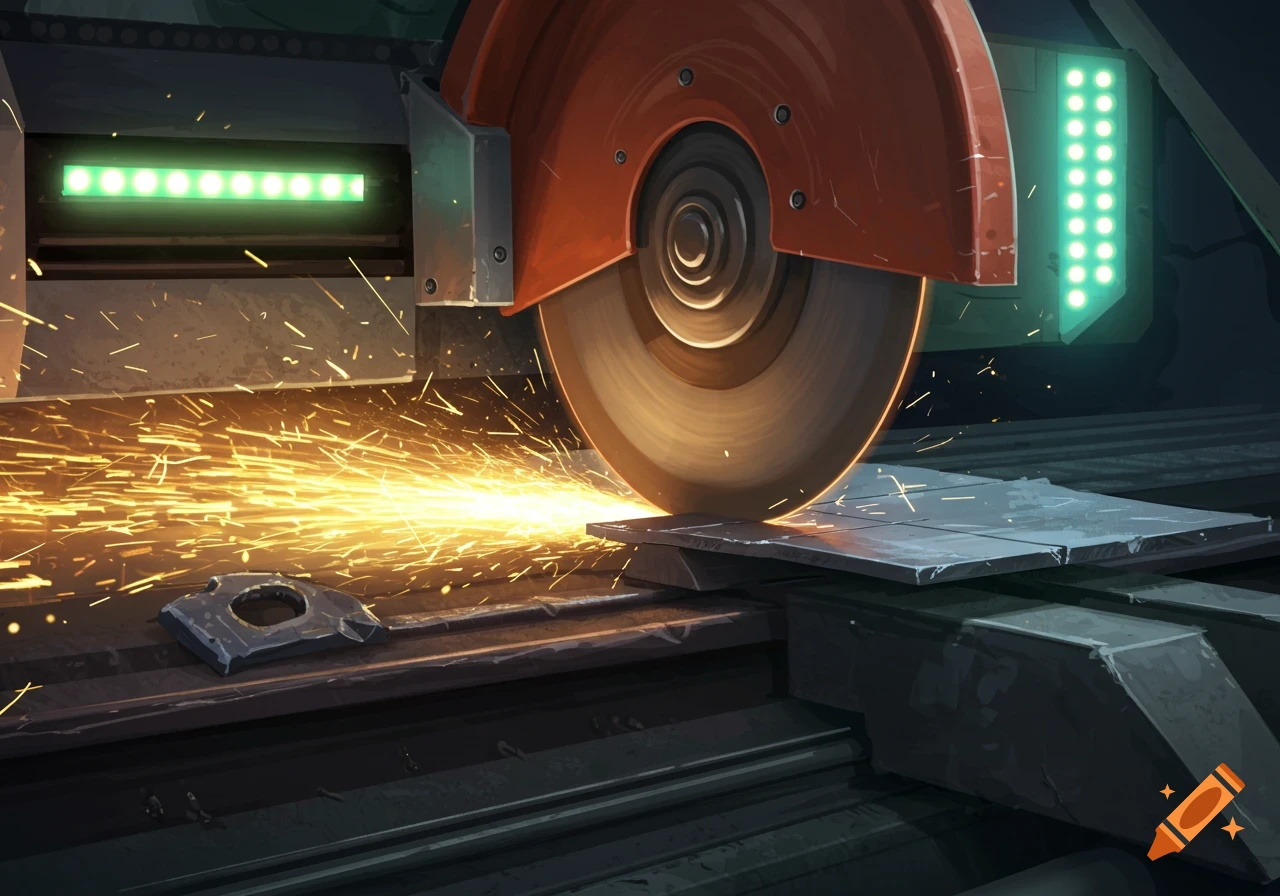 A close-up shot of a large industrial saw cutting through a metal plate, generating a shower of bright orange sparks.