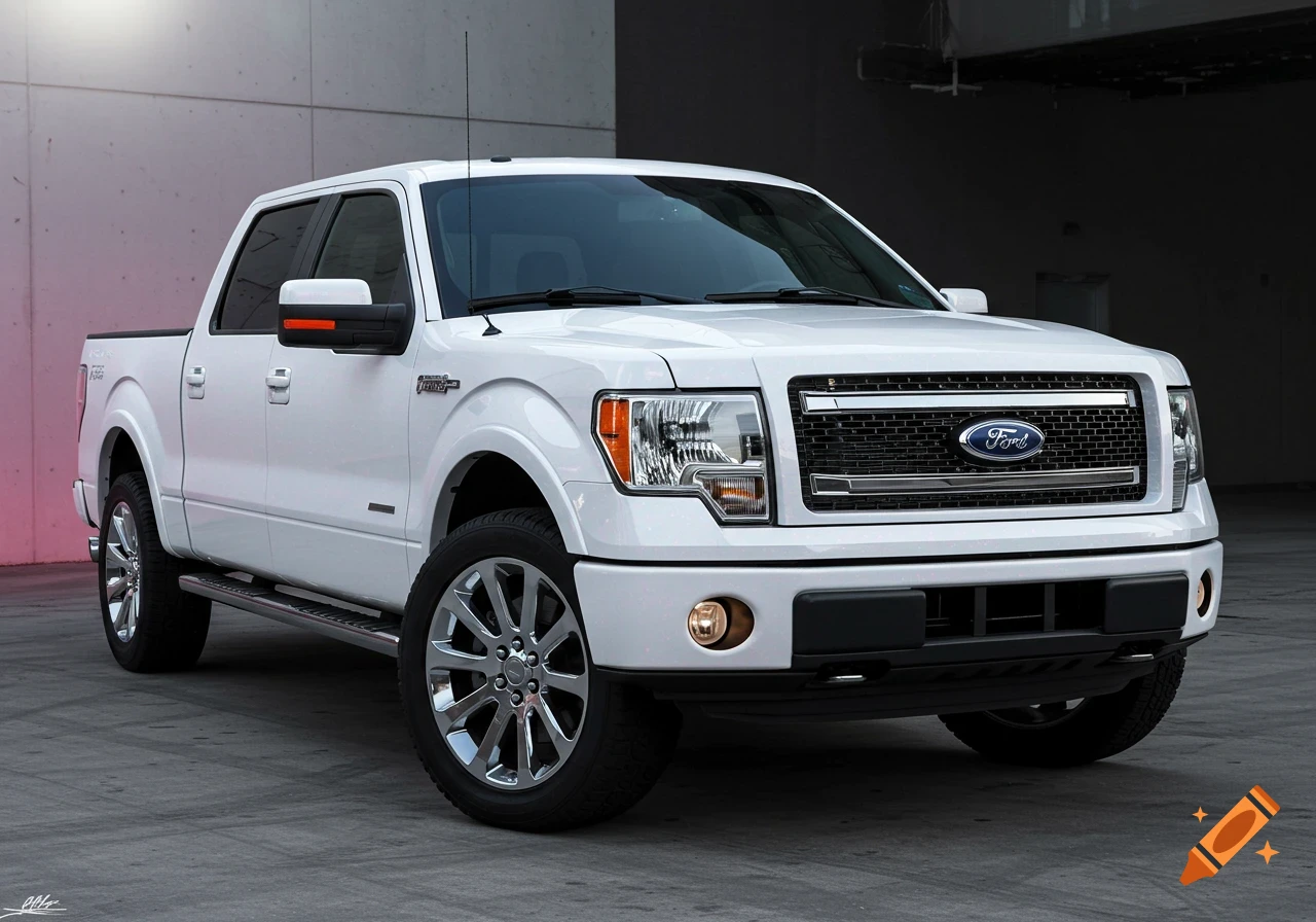 A white 2014 Ford F-150 Platinum truck is parked at a slight angle in a minimalist setting. Photorealistic.