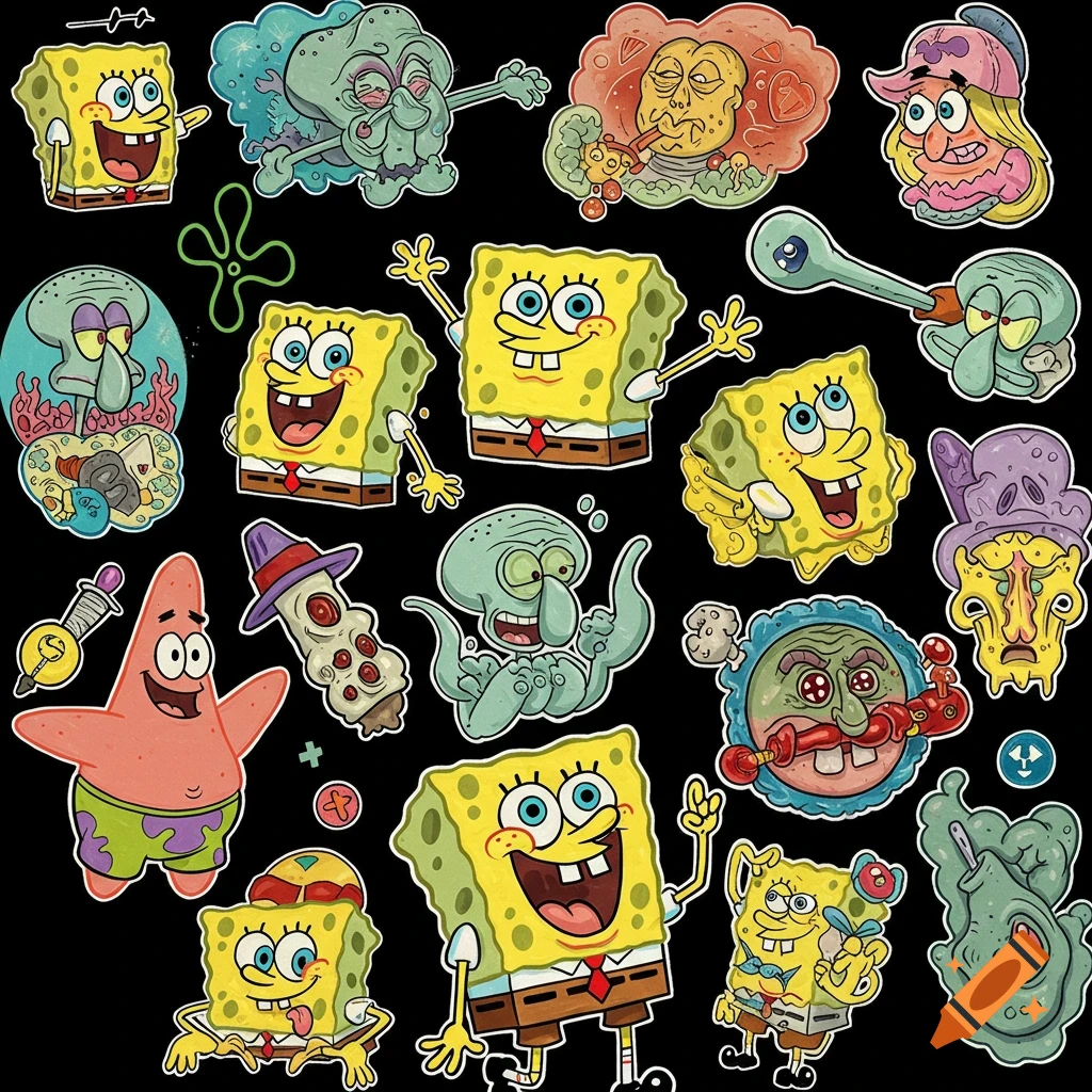 Multiple grotesque and psychedelic Spongebob Squarepants character designs on a black background, resembling tattoo flash or stickers.