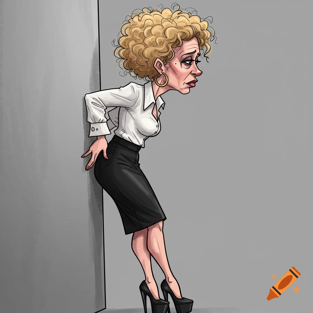 Cartoon caricature of an exhausted blonde woman in a white shirt and black skirt leaning against a wall.