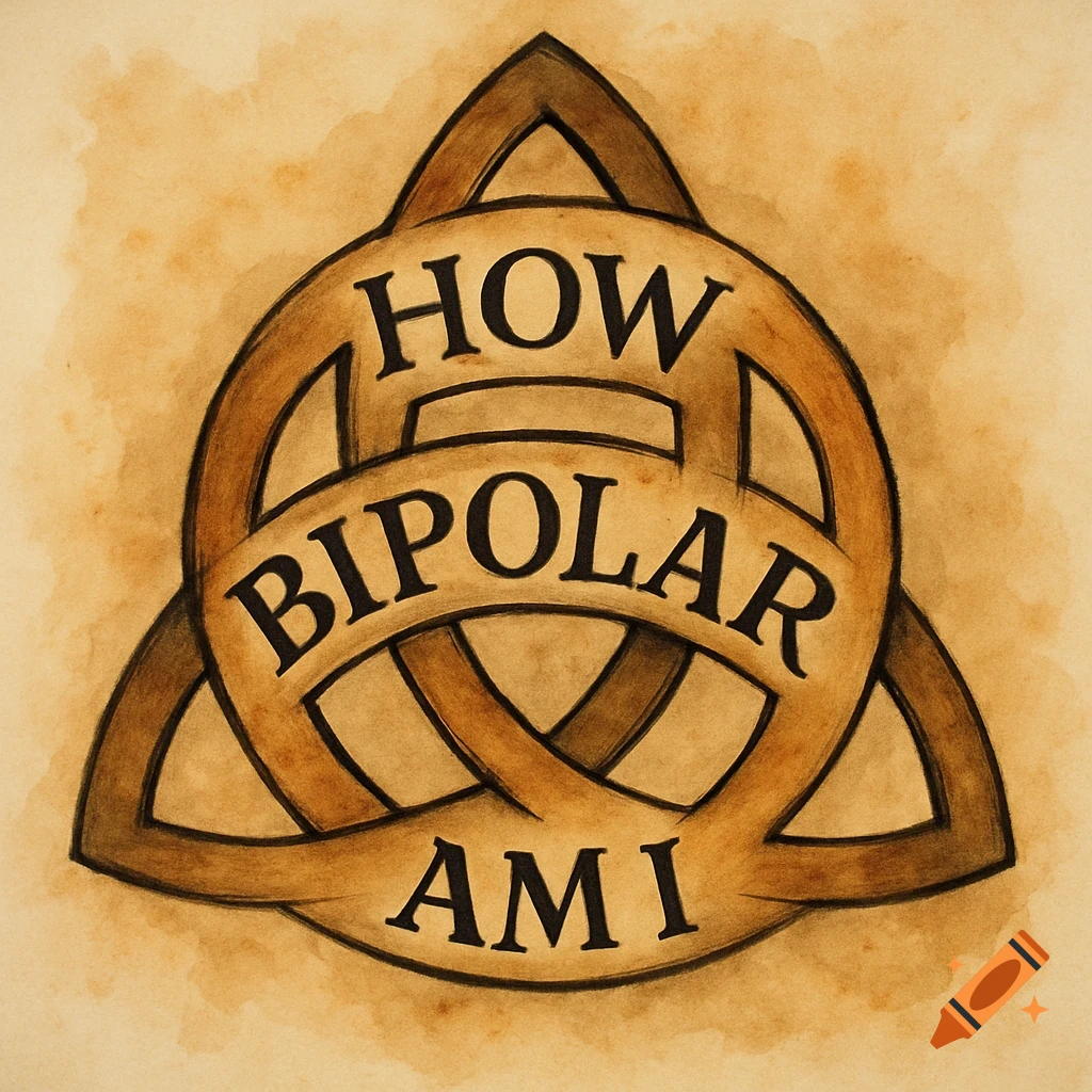 A brown triquetra symbol with the words "HOW BIPOLAR AMI" integrated into its interconnected rings, set against a light brown watercolor background.